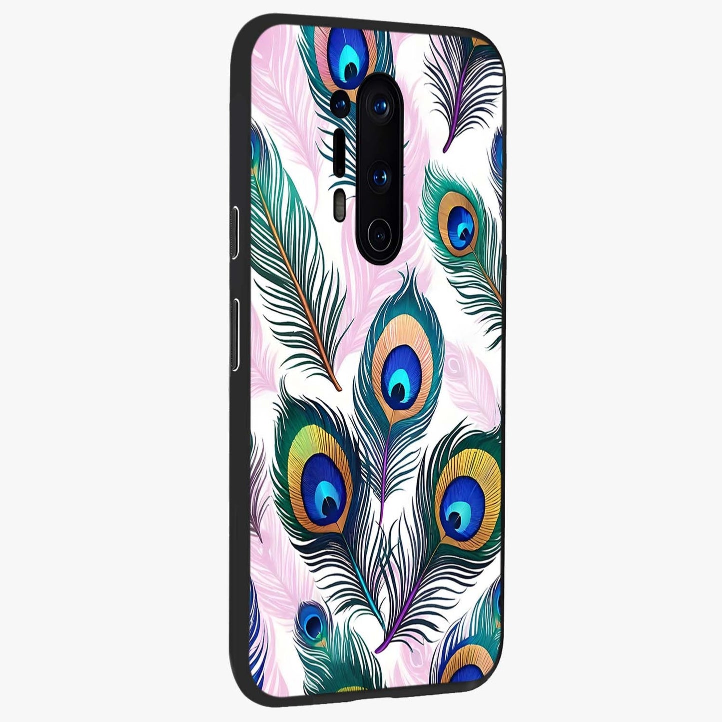 Royal Peacock Feathers Glass Case upright view showcasing elegant peacock feather artwork with decorative royal theme.