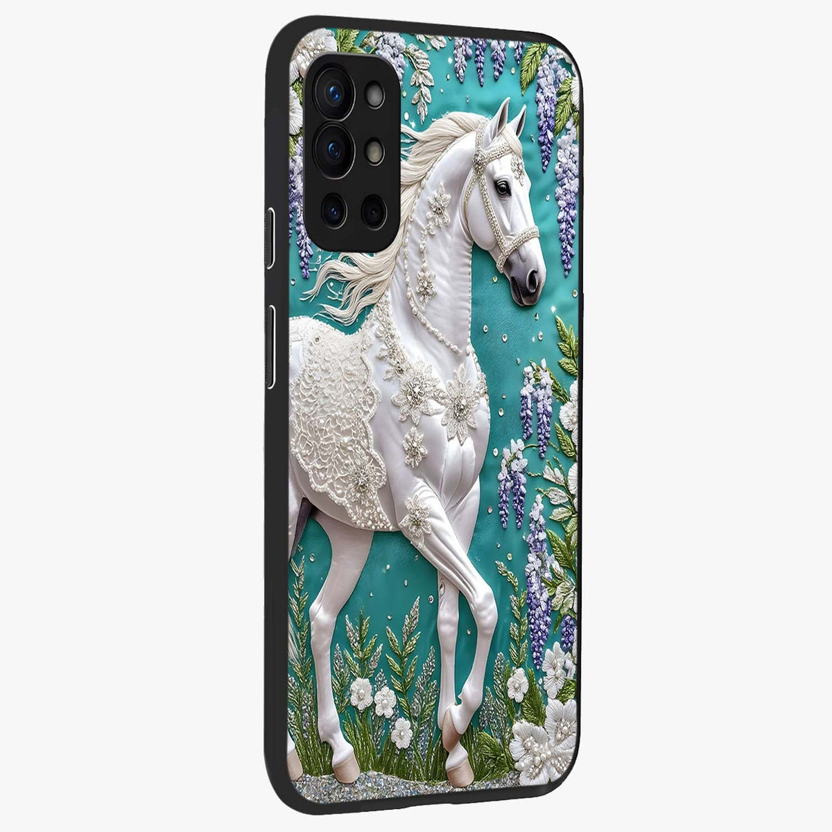 Majestic Floral Stallion Glass Case upright view showcasing dramatic horse artwork with decorative floral theme.