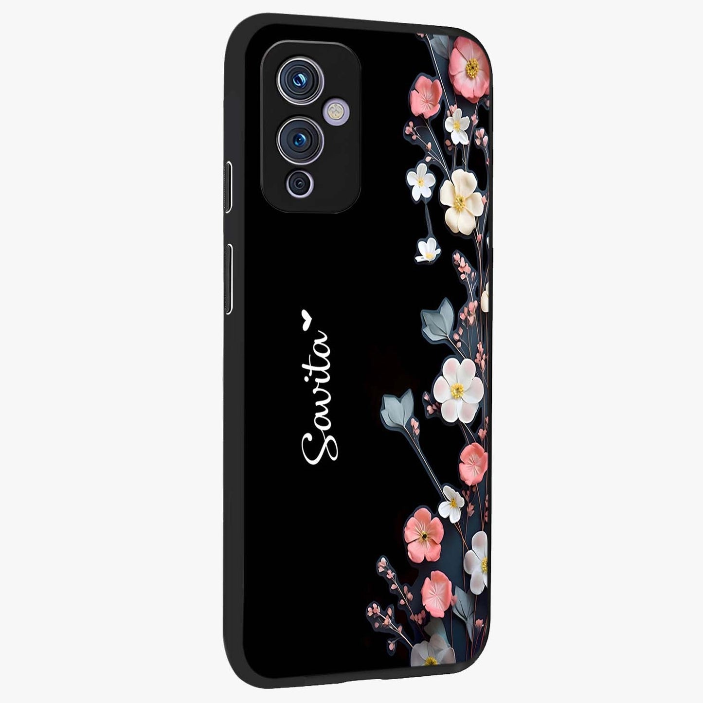Black Elegance Floral Custom Name Glass Case upright view showcasing luxurious black floral design with personalized name detail.