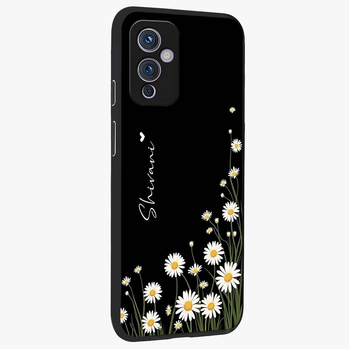 Daisy Cascade Custom Name Glass Case upright view showcasing elegant floral cascade design with personalized aesthetic.