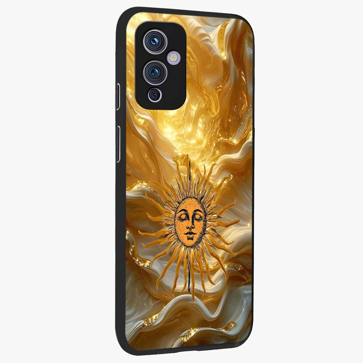 Eternal Golden Glow Glass Case upright view showcasing luminous golden artwork with luxurious visual theme.