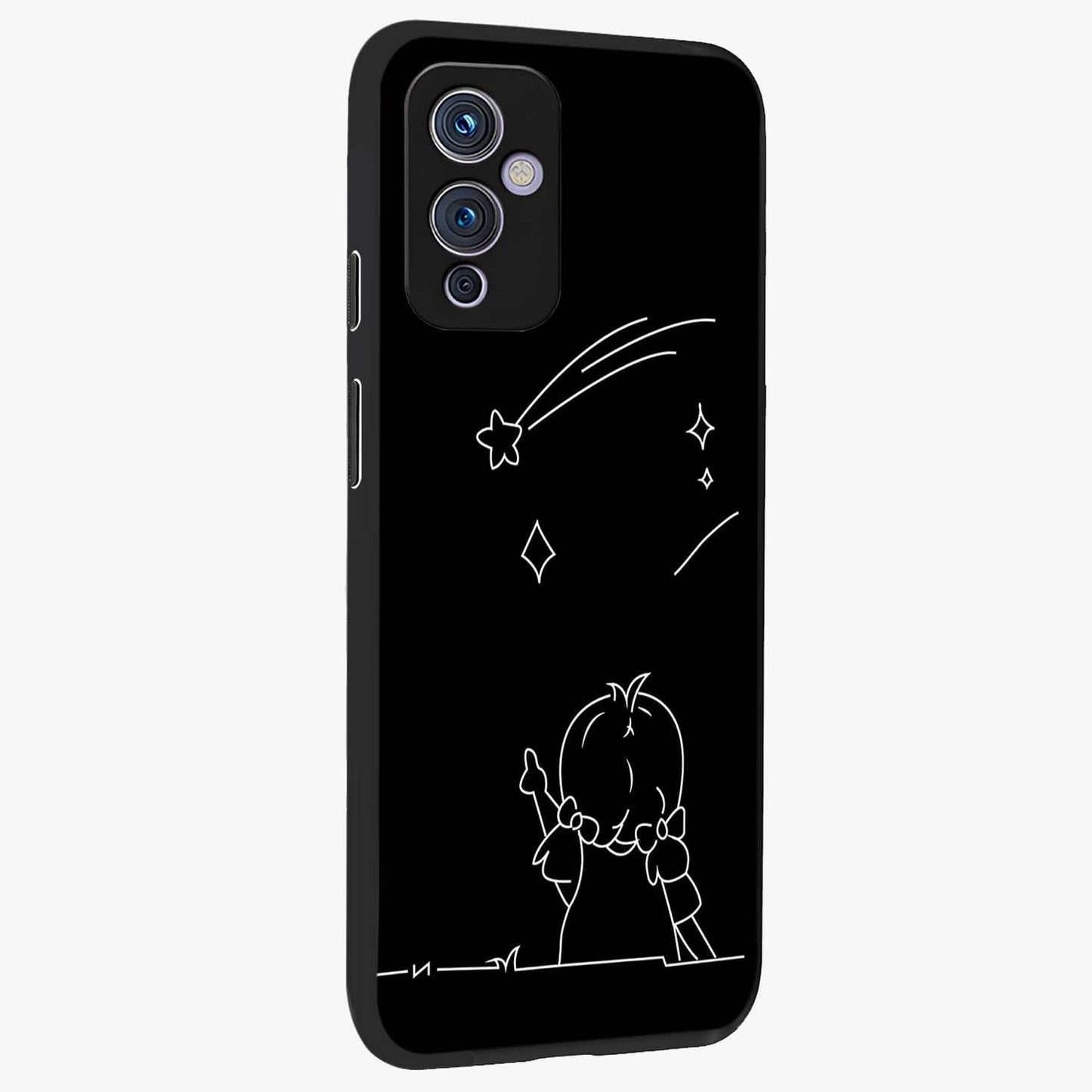 Line Art Girl With Shooting Stars Glass Case upright view showcasing delicate shooting stars artwork with minimal artistic theme.