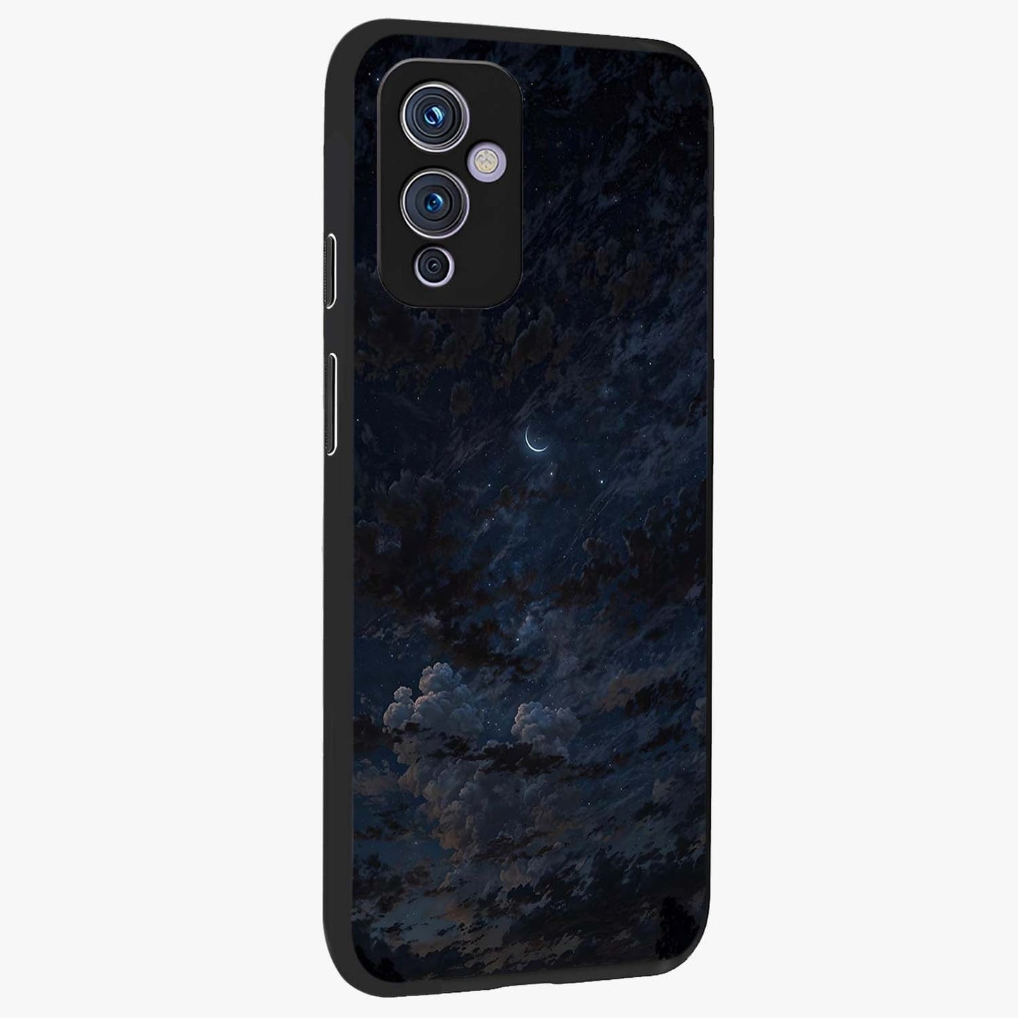 Lunar Veil Silence Glass Case upright view showcasing calm moon themed artwork with serene night atmosphere.