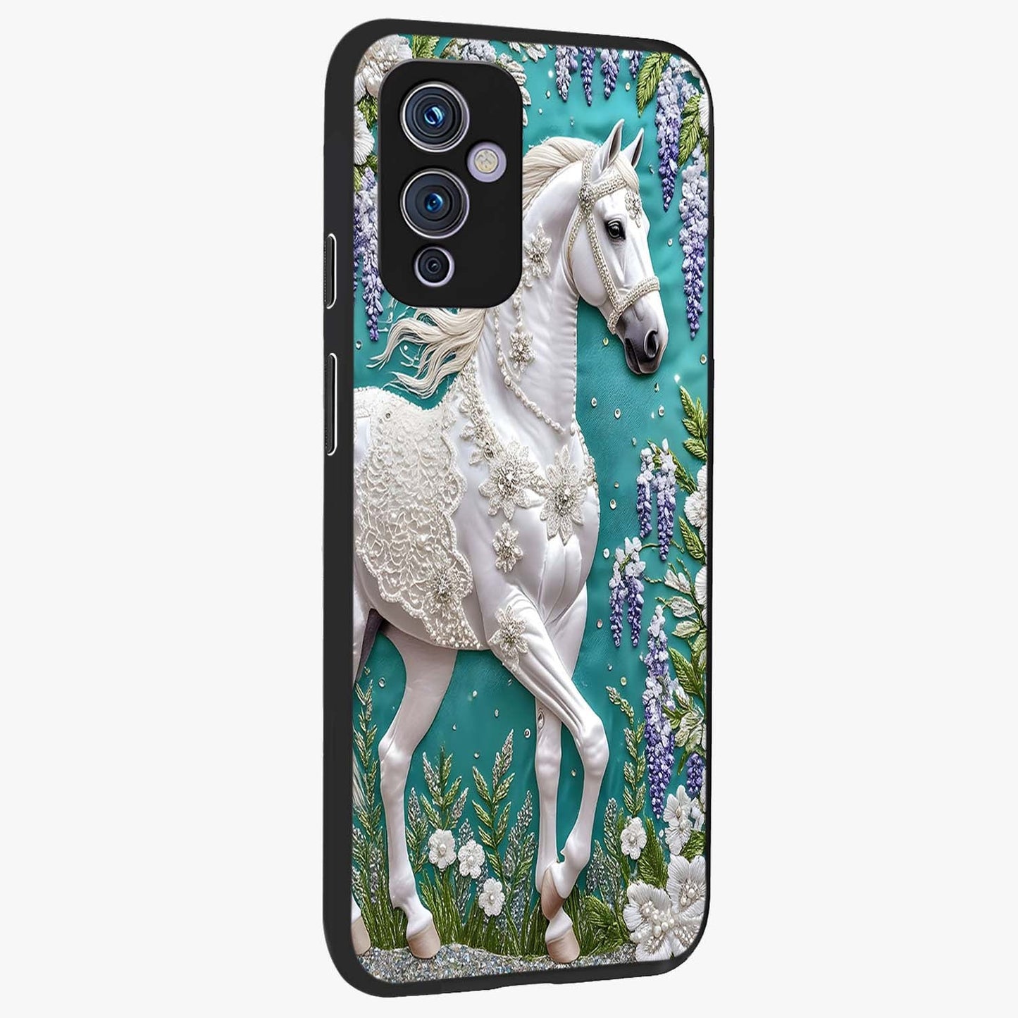 Majestic Floral Stallion Glass Case upright view showcasing dramatic horse artwork with decorative floral theme.