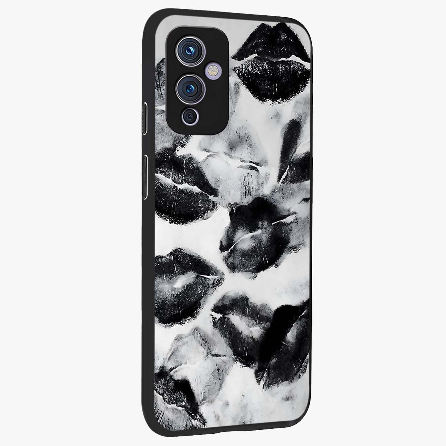 Midnight Kiss Marks Glass Case upright view showcasing stylish kiss mark artwork with trendy romantic theme.