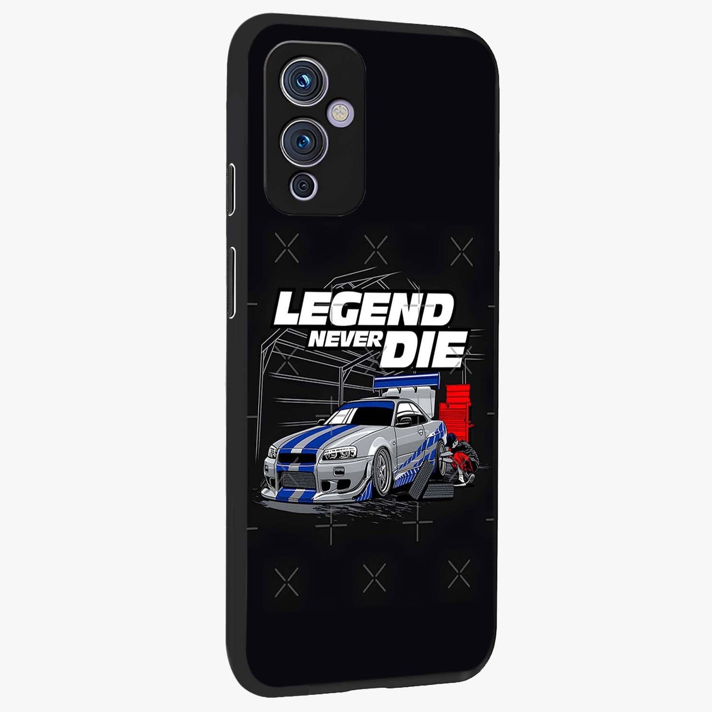 Midnight Racing Legacy Glass Case upright view showcasing powerful racing artwork with modern sports theme.
