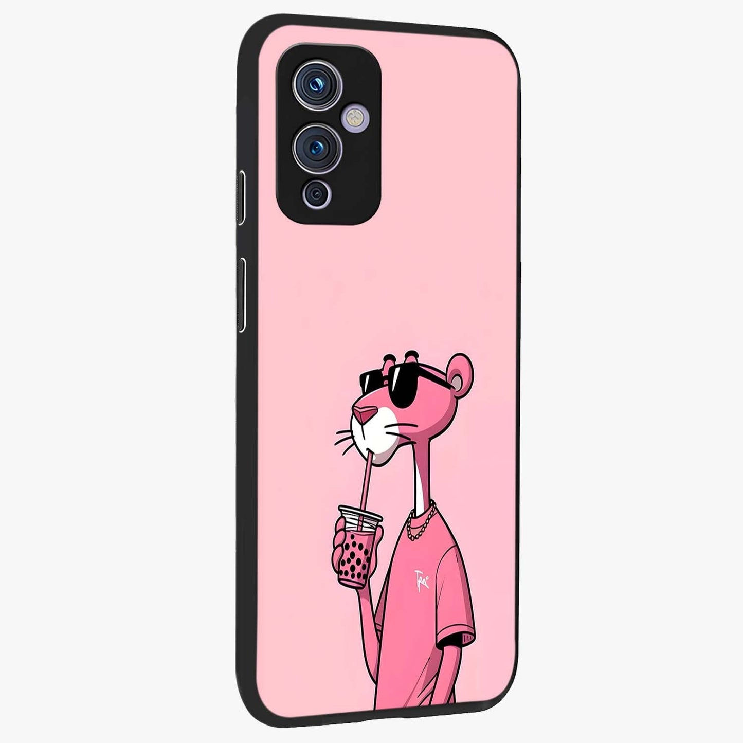 Pink Panther Glass Case upright view showcasing fun animated artwork with stylish retro cartoon theme.