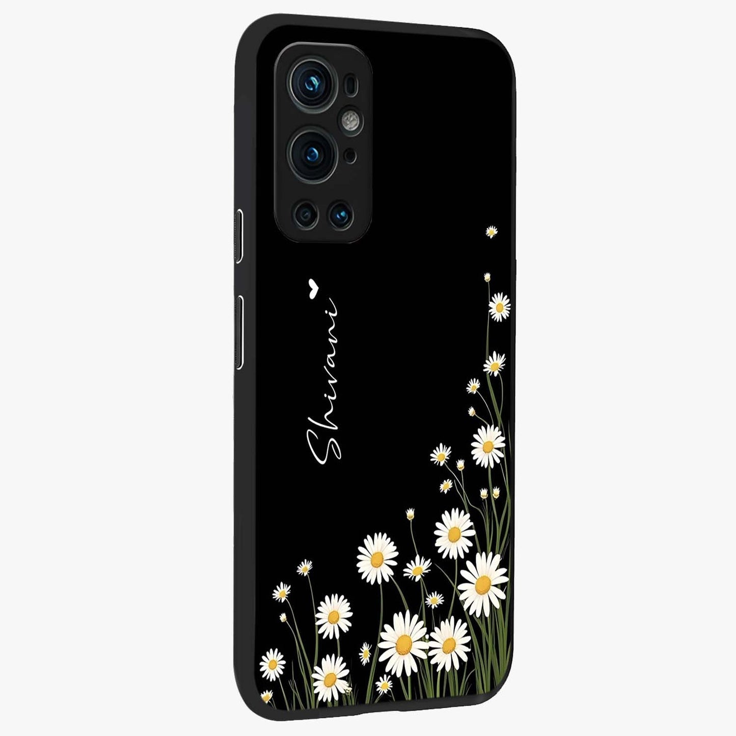 Daisy Cascade Custom Name Glass Case upright view showcasing elegant floral cascade design with personalized aesthetic.