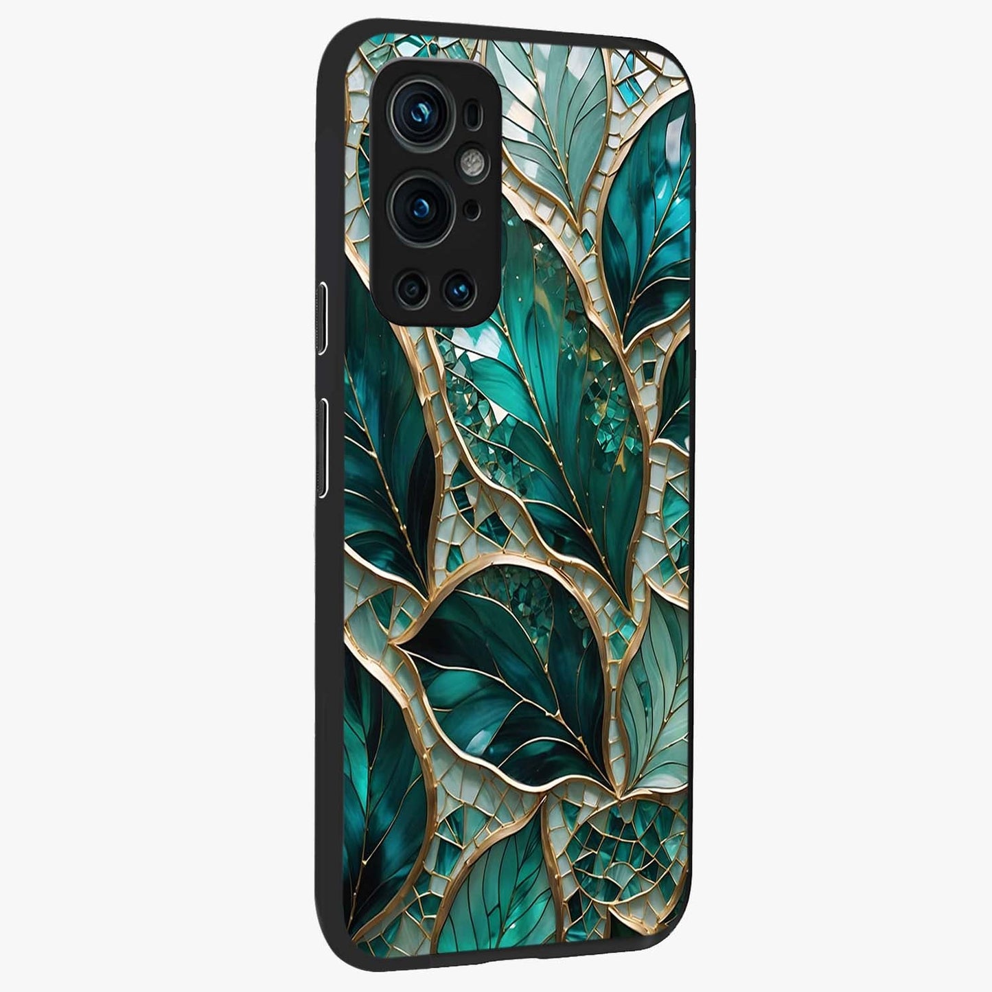 Emerald Leaf Glass Glass Case upright view showcasing fresh green leaf artwork with calming nature inspired style.