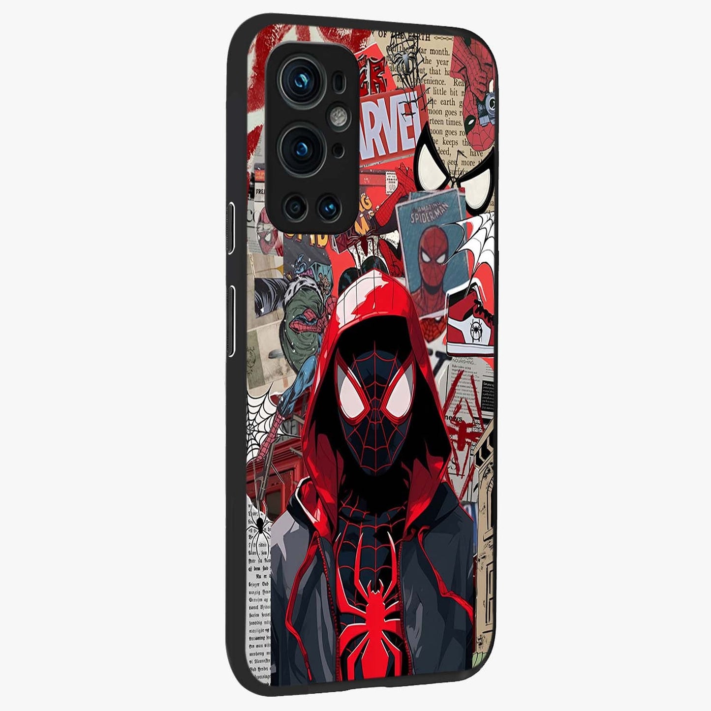 Spider Collage Street Glass Case upright view showcasing bold superhero artwork with urban street theme.