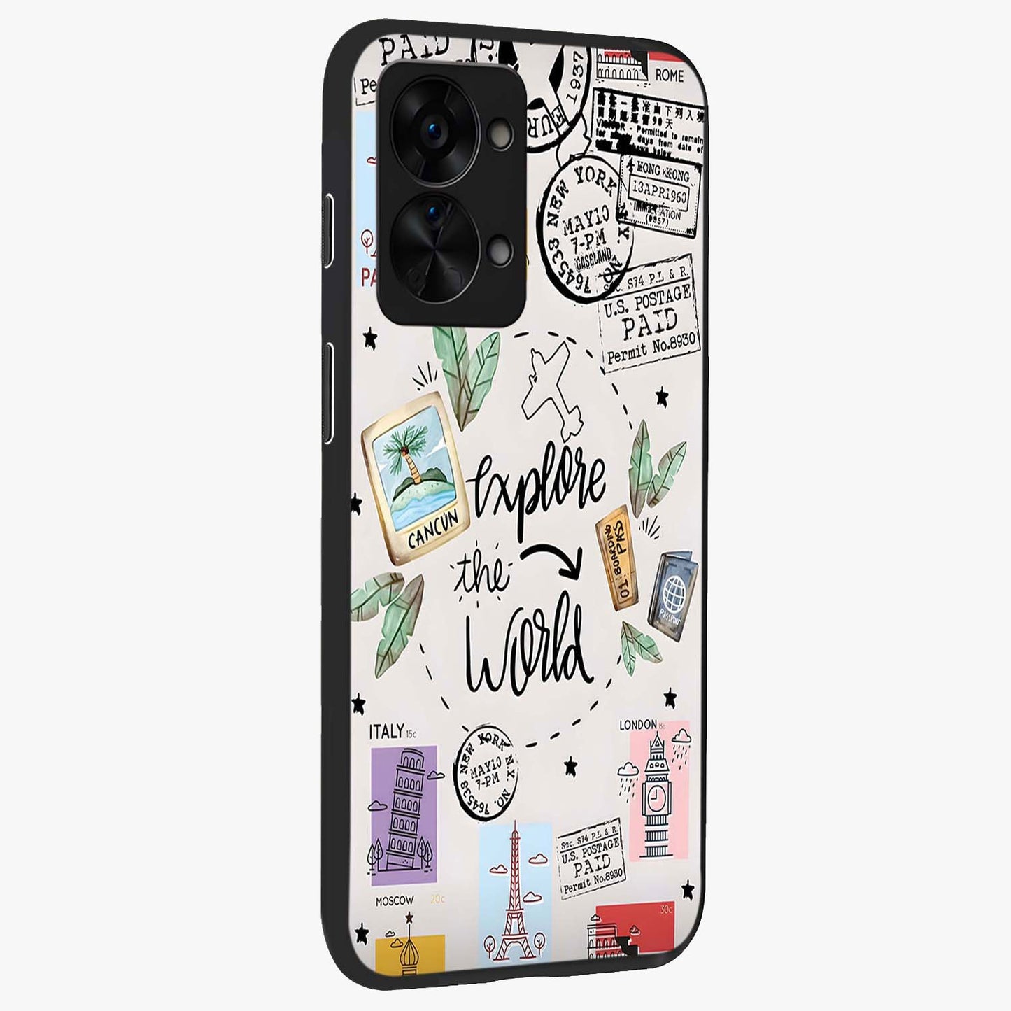 Adventure Awaits Art Glass Case for 1+Nord 2T side perspective highlighting motivational travel graphic details
