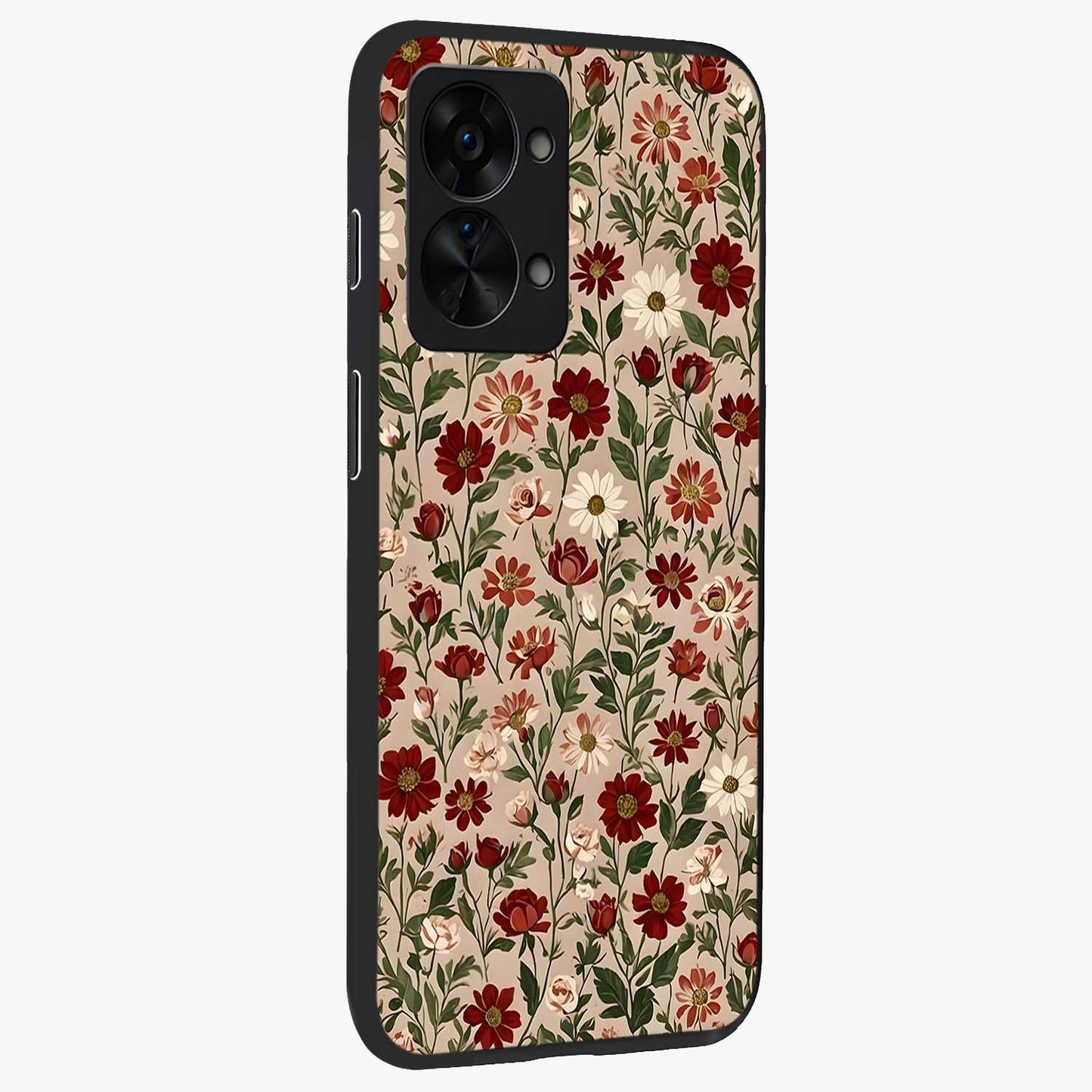 Biege Flower With Leaf Glass Case for 1+Nord 2T side perspective highlighting subtle tones and elegant flower texture