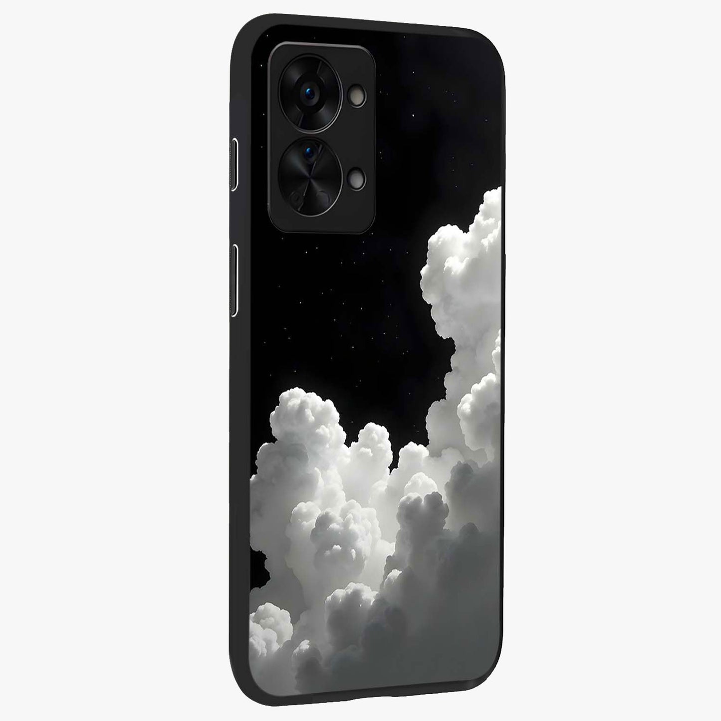 Black Background With White Cloud Glass Case for 1+Nord 2T side perspective highlighting smooth edges and minimalist sky theme