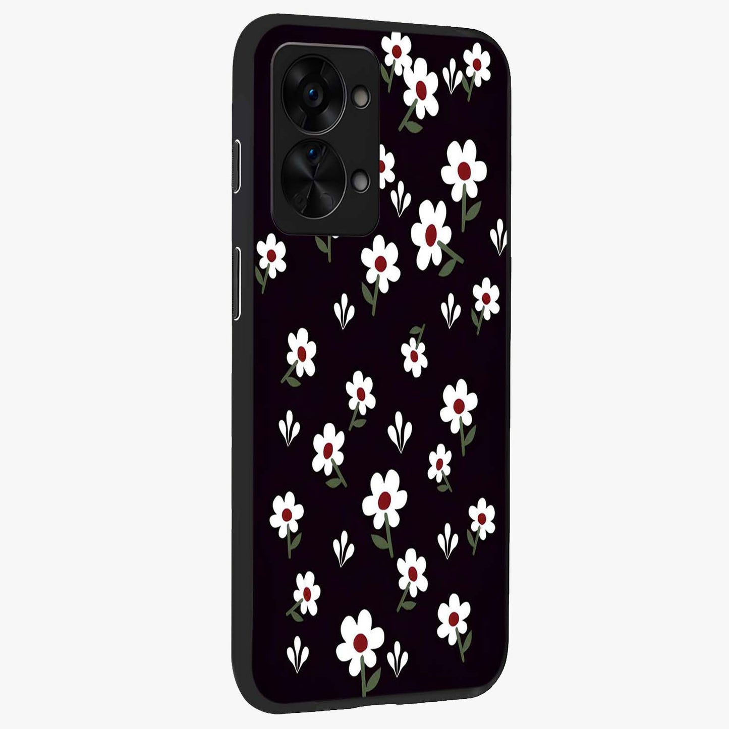 Black Prints Daisy Flower Pattern Glass Case for 1+Nord 2T side perspective highlighting delicate daisy details and smooth edges