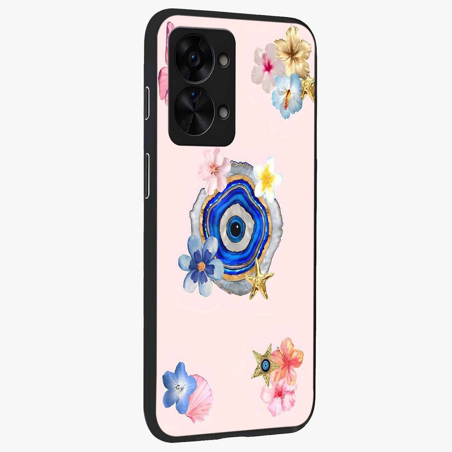 Blossom Evil Charm Glass Case for 1+Nord 2T side perspective highlighting delicate blossom detailing and bold symbol contrast