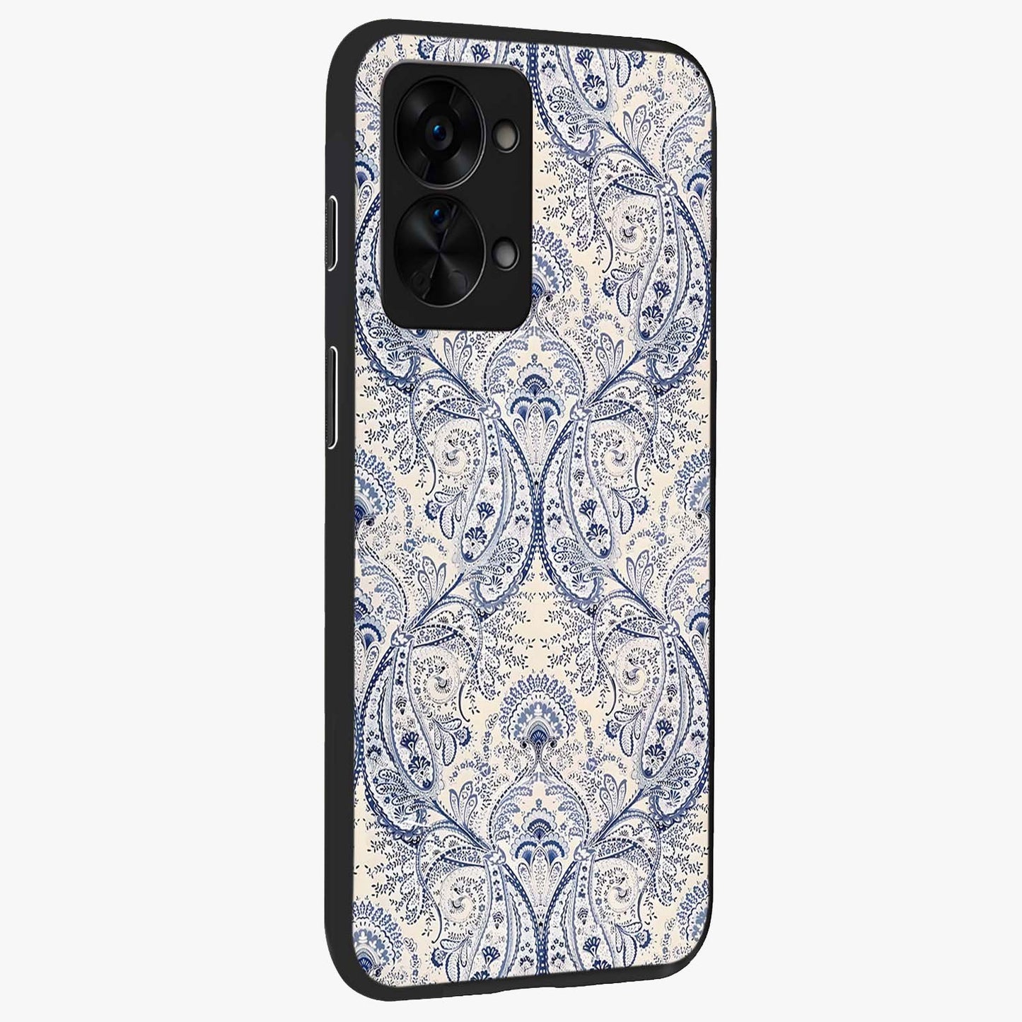 Blue Paisley Bloom Glass Case for 1+Nord 2T side perspective highlighting elegant paisley textures and premium build