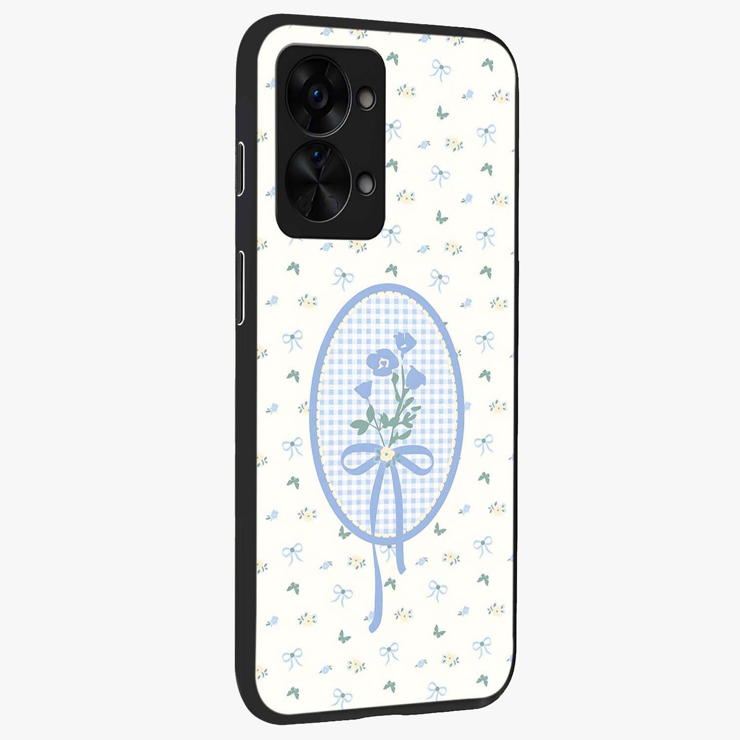 Blue Ribbon Bloom Glass Case for 1+Nord 2T side perspective highlighting graceful floral design and premium edges