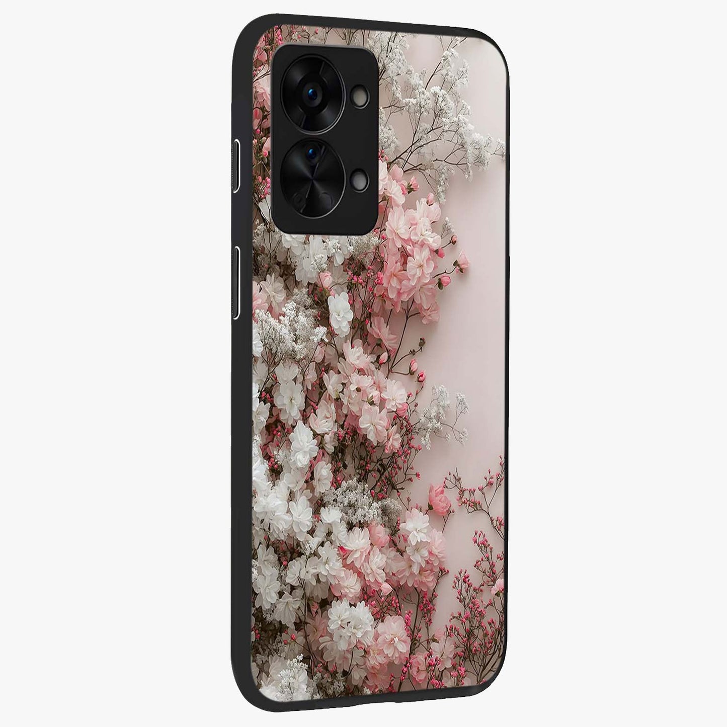 Blush Blossom Cloud Glass Case for 1+Nord 2T side perspective highlighting airy blush detailing and premium build