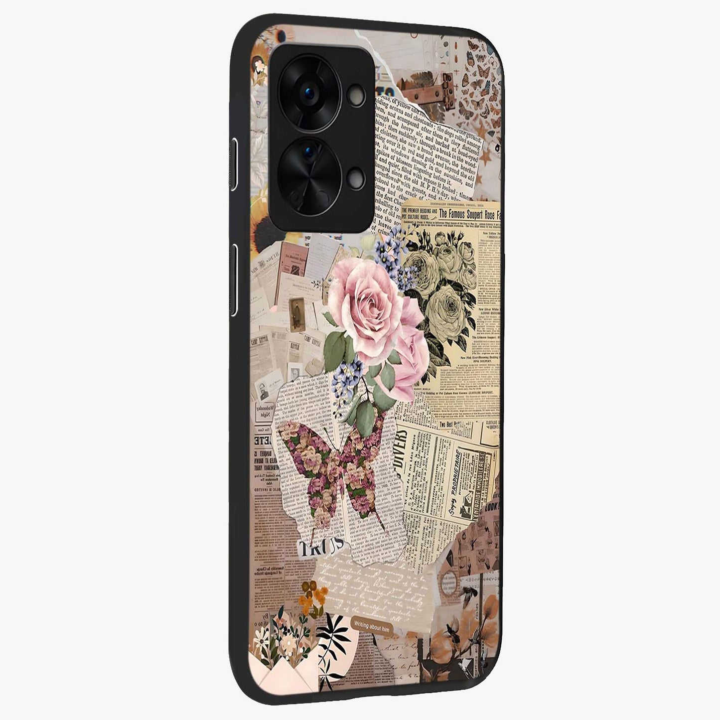 Butterfly News Bloom Glass Case for 1+Nord 2T side perspective highlighting intricate bloom details and premium finish