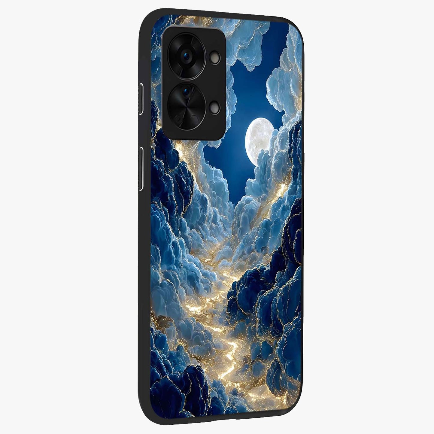 Celestial Cloud Path Glass Case for 1+Nord 2T side perspective highlighting airy cloud details and premium build