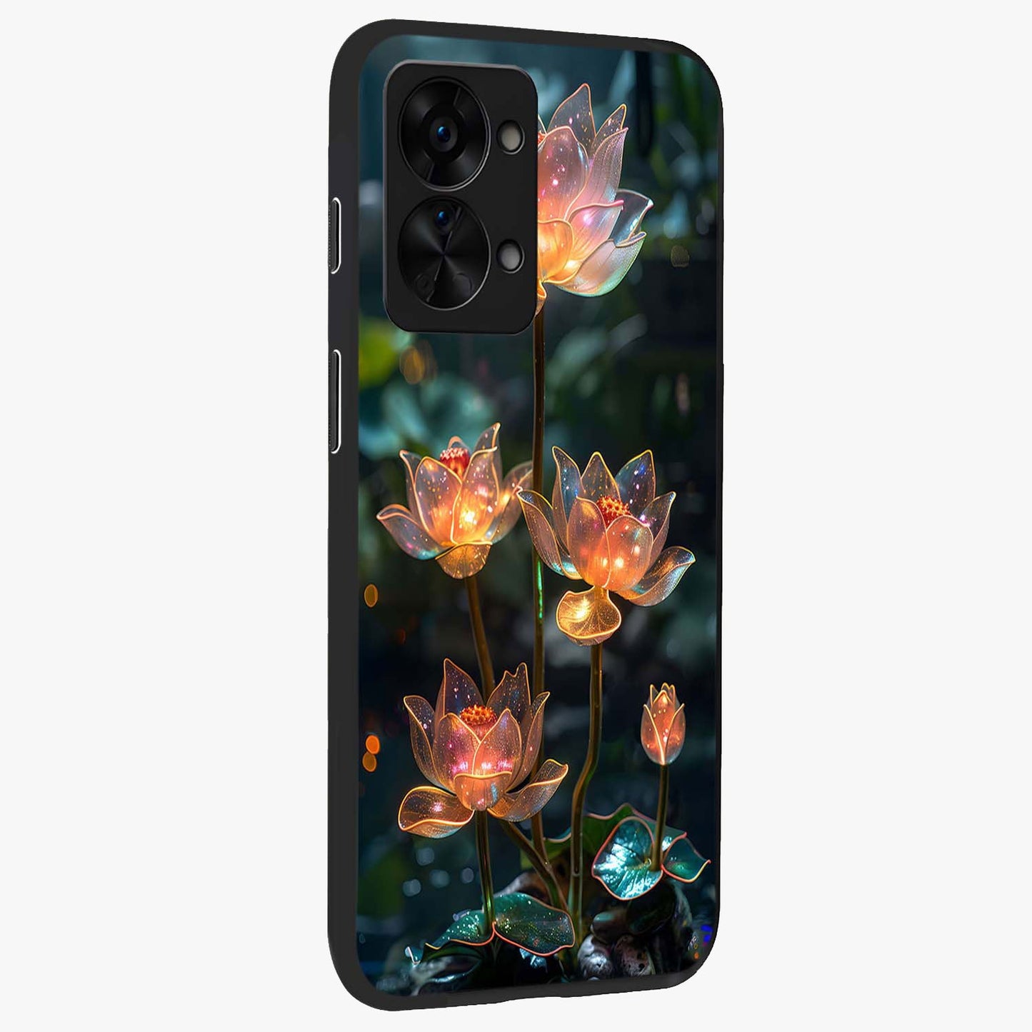 Celestial Lotus Light Glass Case for 1+Nord 2T side perspective highlighting delicate lotus detailing and premium finish
