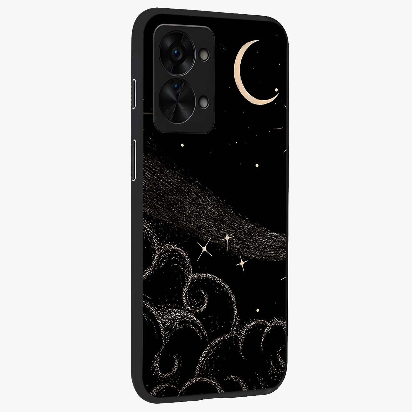 Celestial Midnight Veil Glass Case for 1+Nord 2T side perspective highlighting rich night tones and sleek premium edges