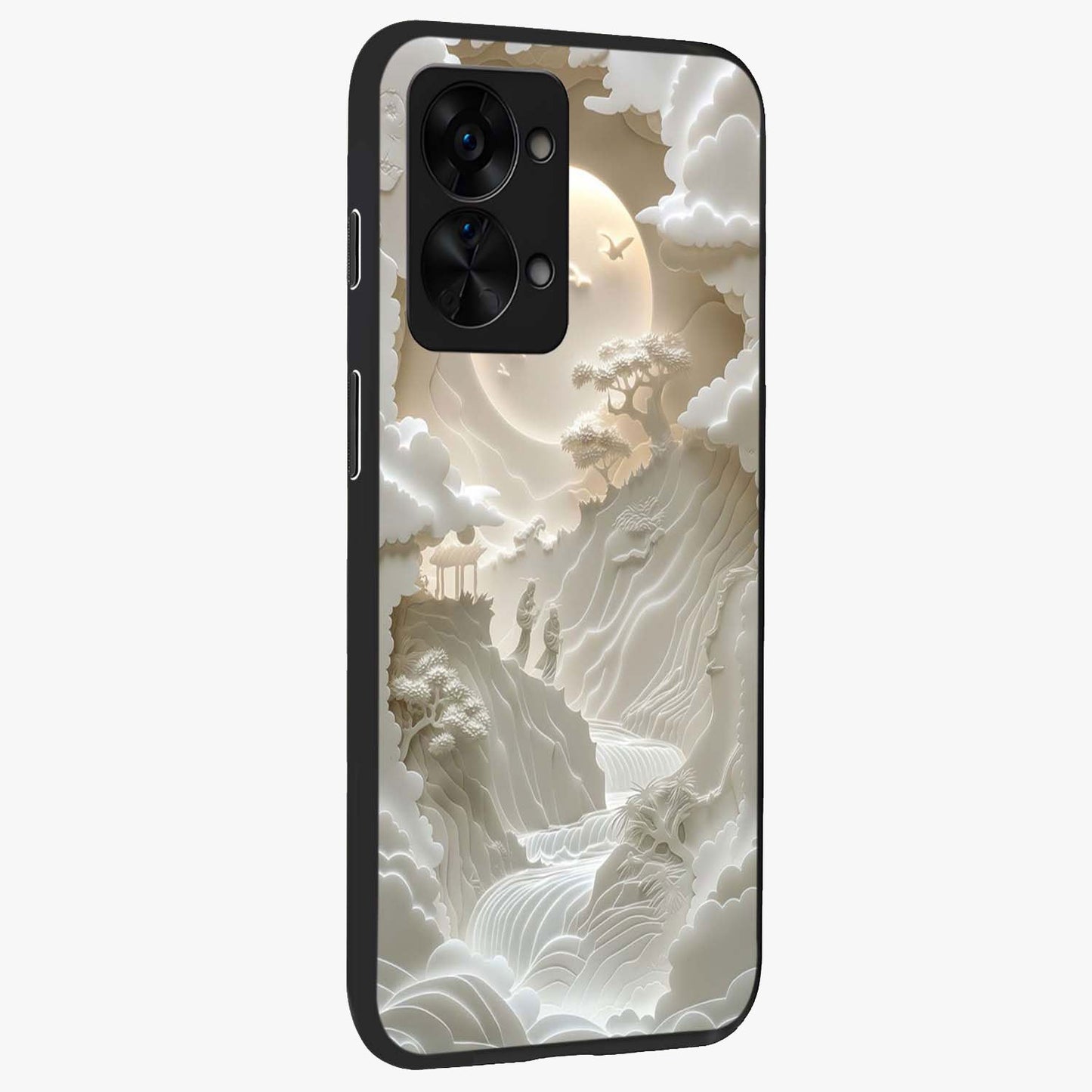 Celestial Origami Glass Case for 1+Nord 2T side perspective highlighting sharp detailing and smooth premium build