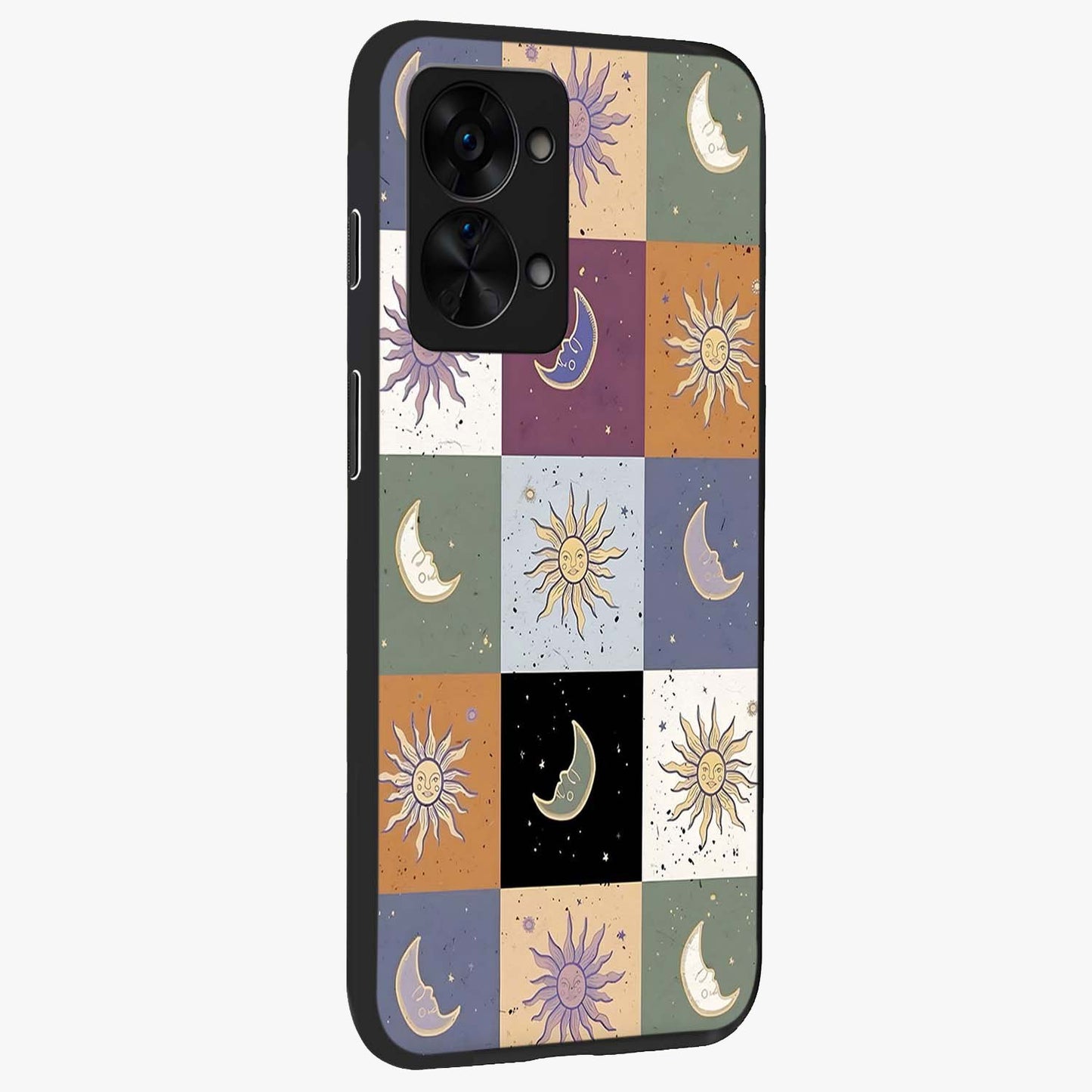 Celestial Patchwork Dreams Glass Case for 1+Nord 2T side perspective highlighting vibrant patchwork detailing and sleek edges