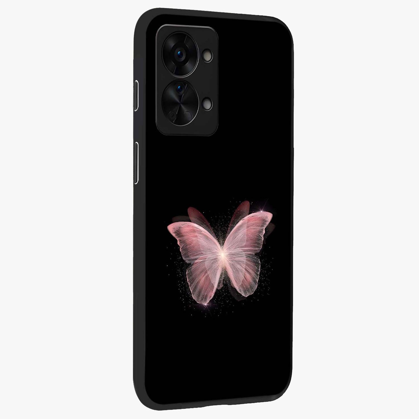 Celestial Wings Butterfly Glass Case for 1+Nord 2T side perspective highlighting intricate butterfly textures and smooth edges