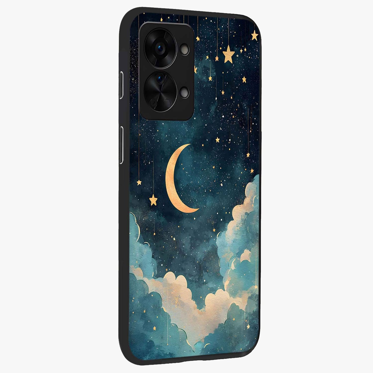 Crescent Galaxy Moon Glass Case for 1+Nord 2T side perspective highlighting luminous moon details and premium build