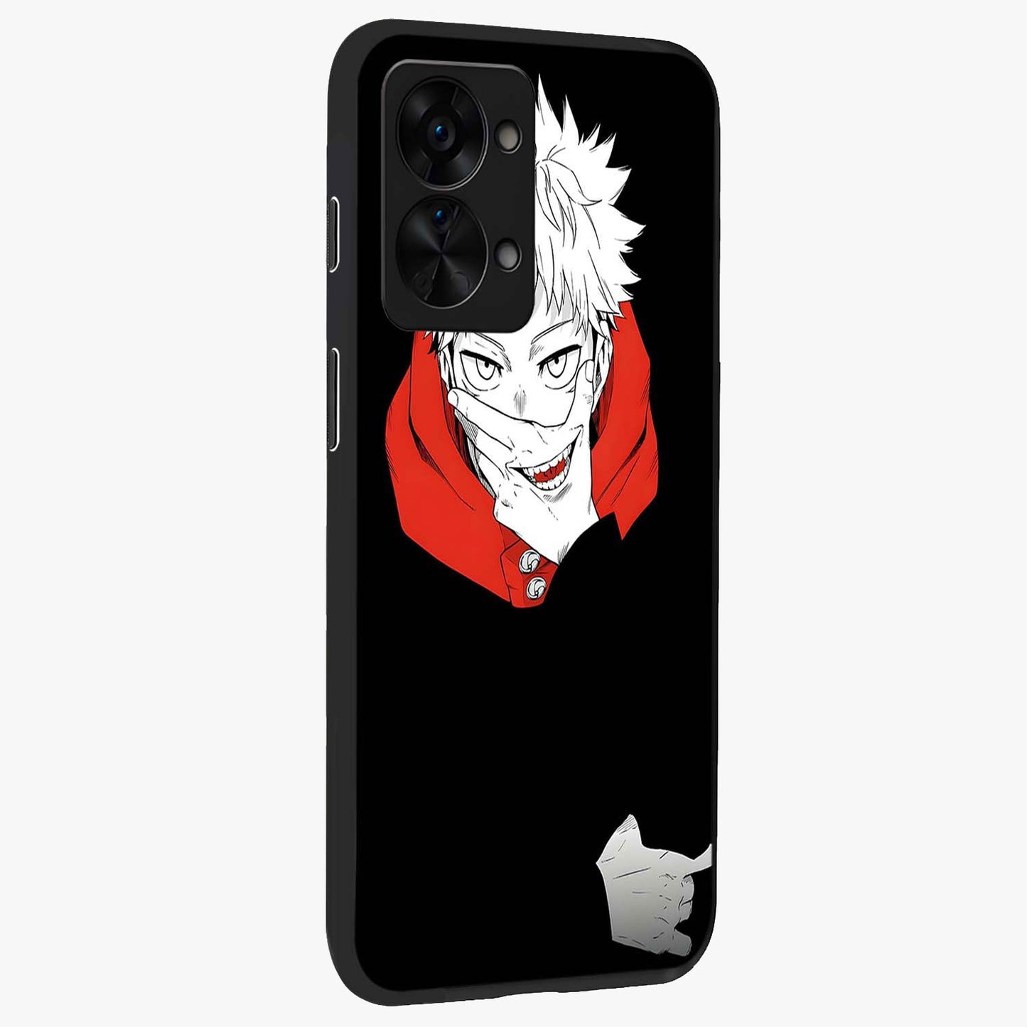 Crimson Chaos Smile Glass Case for 1+Nord 2T side perspective highlighting intense color contrast and sleek edges