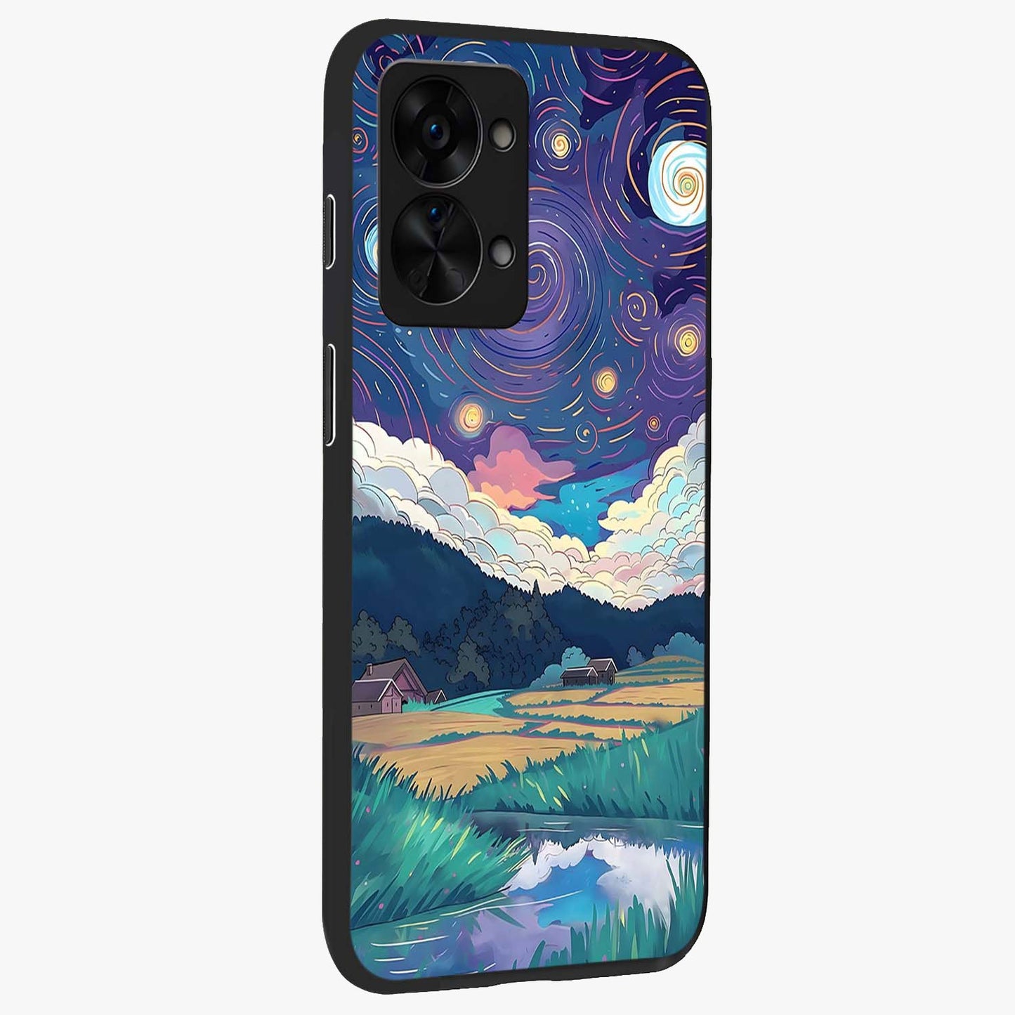 Fields Beneath the Cosmos Glass Case for 1+Nord 2T side perspective highlighting serene landscape textures and premium edges