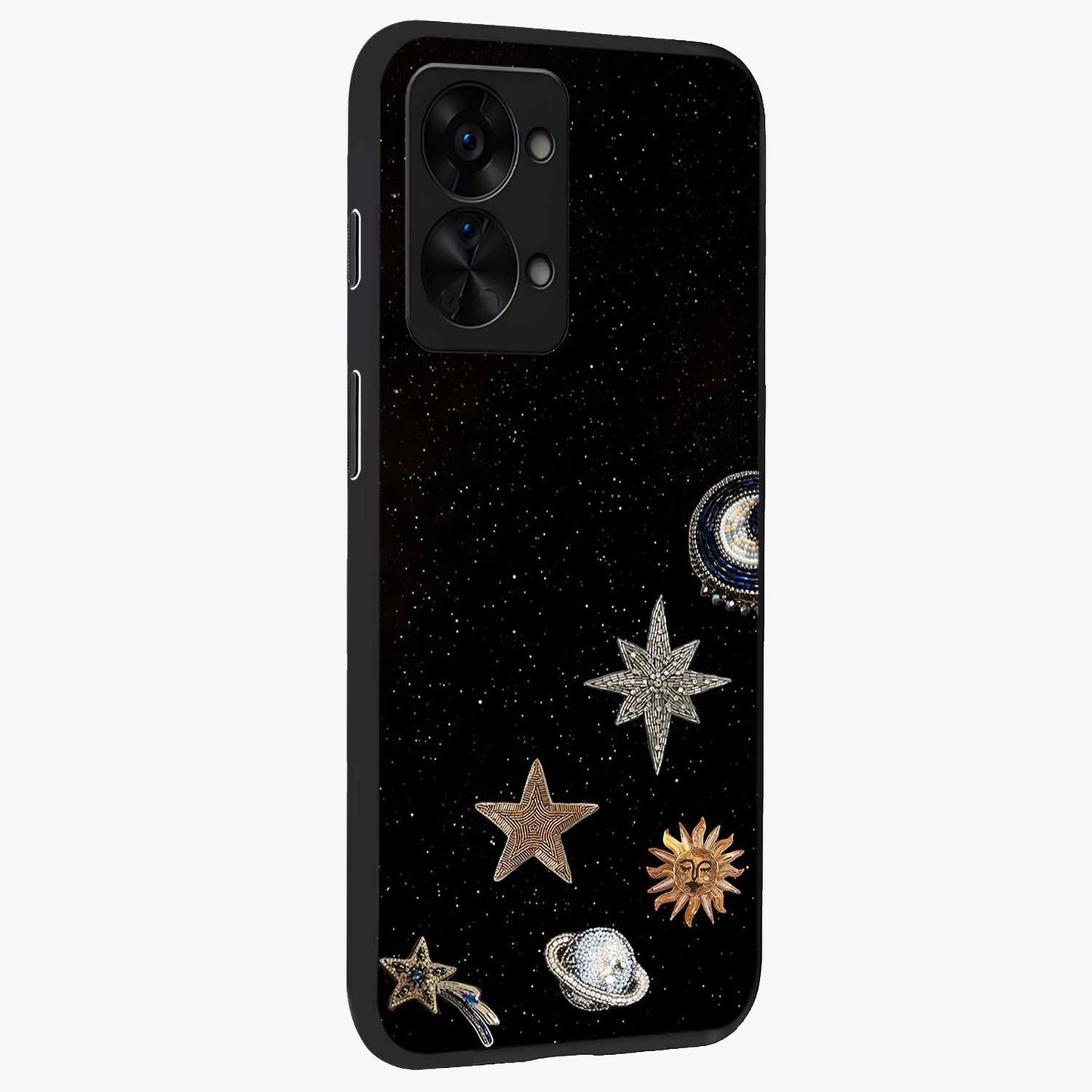 Galactic Charm Glow Glass Case for 1+Nord 2T side perspective highlighting vibrant star detailing and sleek premium edges