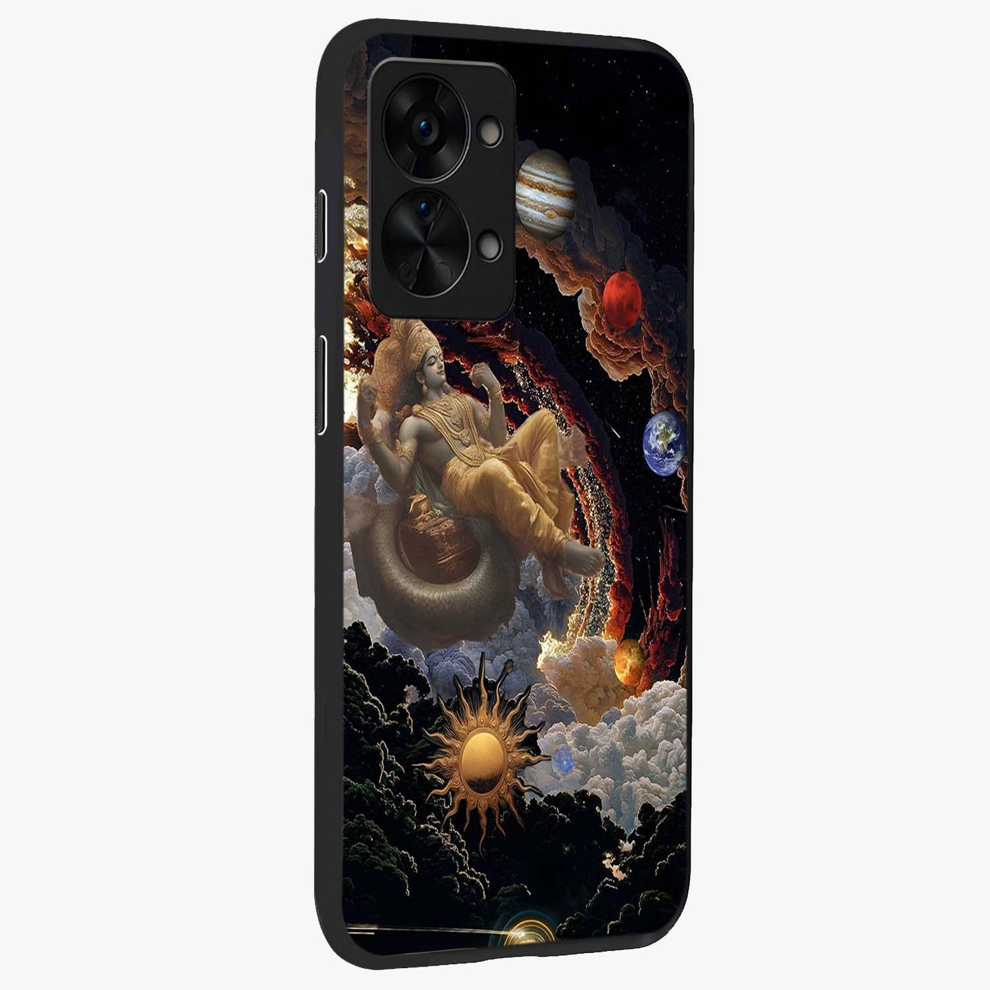 Galactic Divine God Glass Case for 1+Nord 2T side perspective highlighting intricate divine detailing and premium edge finish