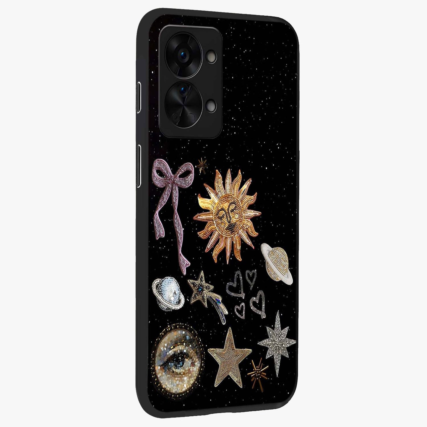 Galactic Sun Charm Glass Case for 1+Nord 2T side perspective highlighting glowing sun detailing and premium edge finish