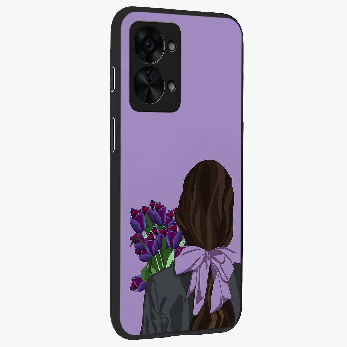 Girl Holding Flowers Glass Case for 1+Nord 2T side perspective highlighting delicate floral detailing and premium edges