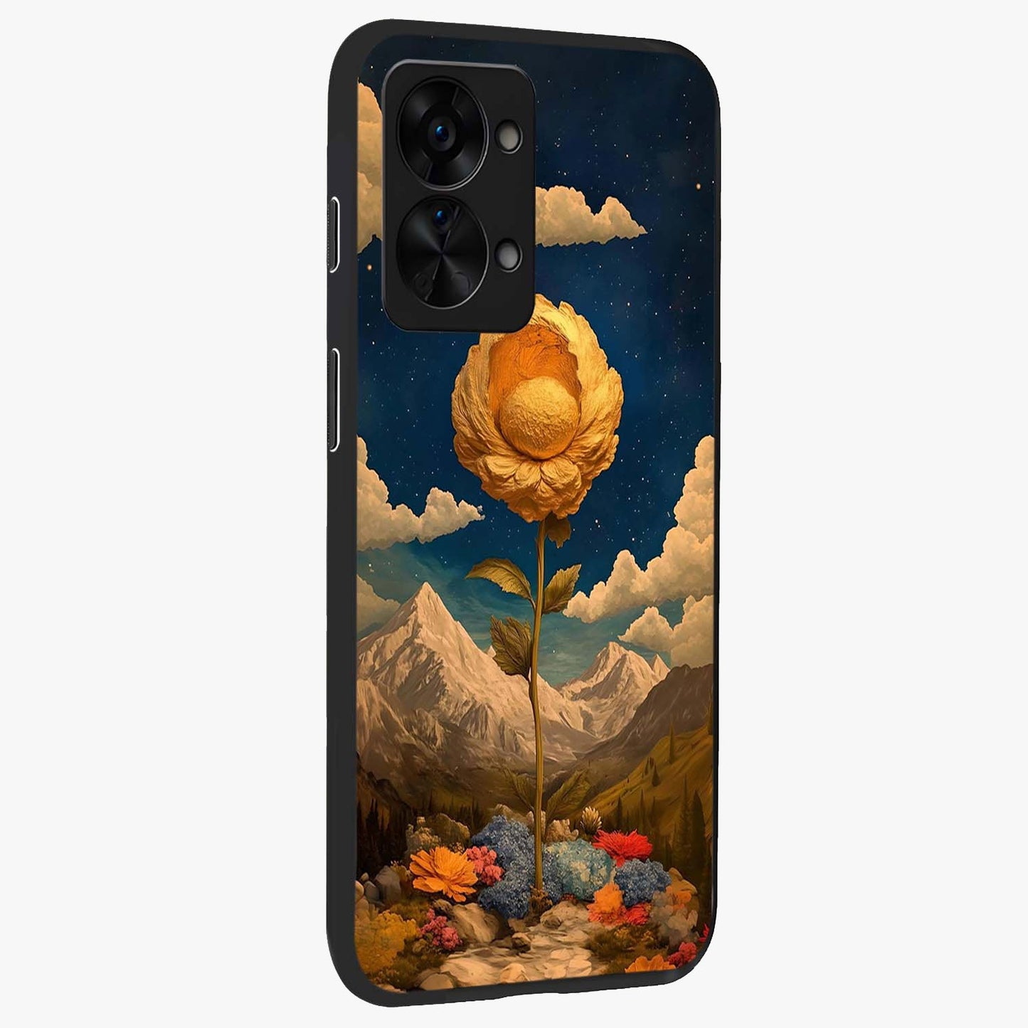 Golden Bloom Night Glass Case for 1+Nord 2T side perspective highlighting radiant bloom detailing and premium edges