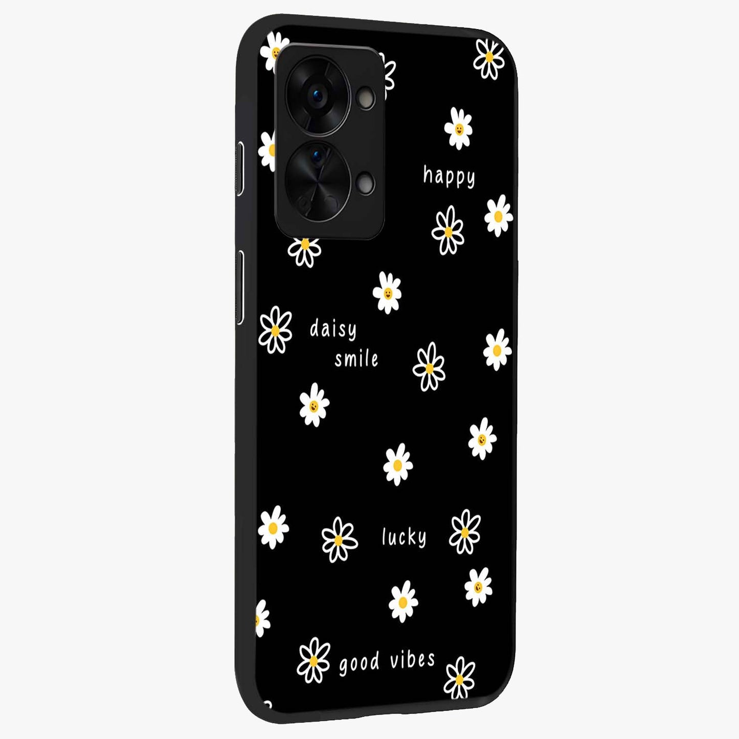 Good Vibes Daisy Black Pattern Glass Case for 1+Nord 2T side perspective highlighting playful daisy detailing and smooth edges