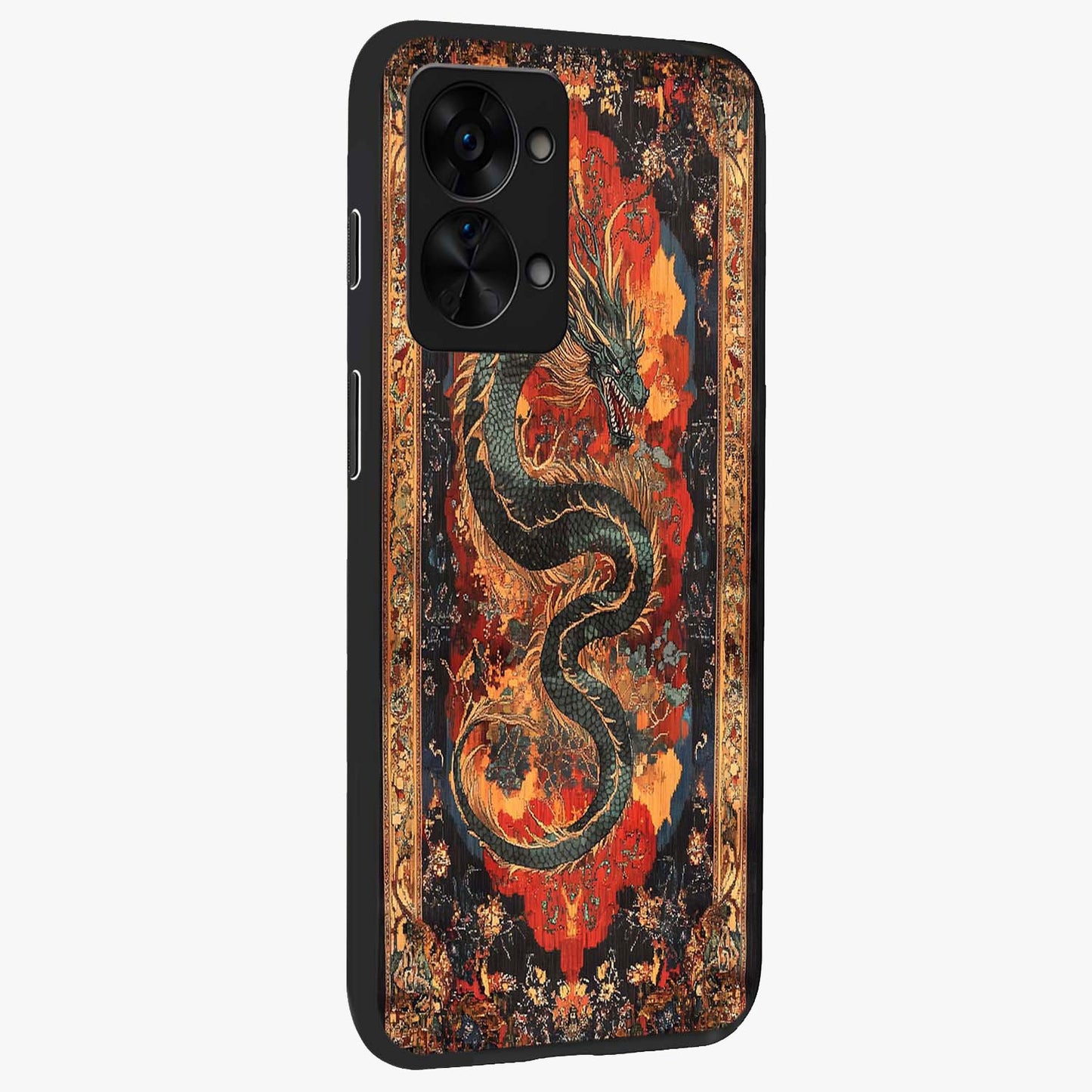 Inferno Dragon Soul Glass Case for 1+Nord 2T displayed upright for powerful mythical visibility and premium finish.