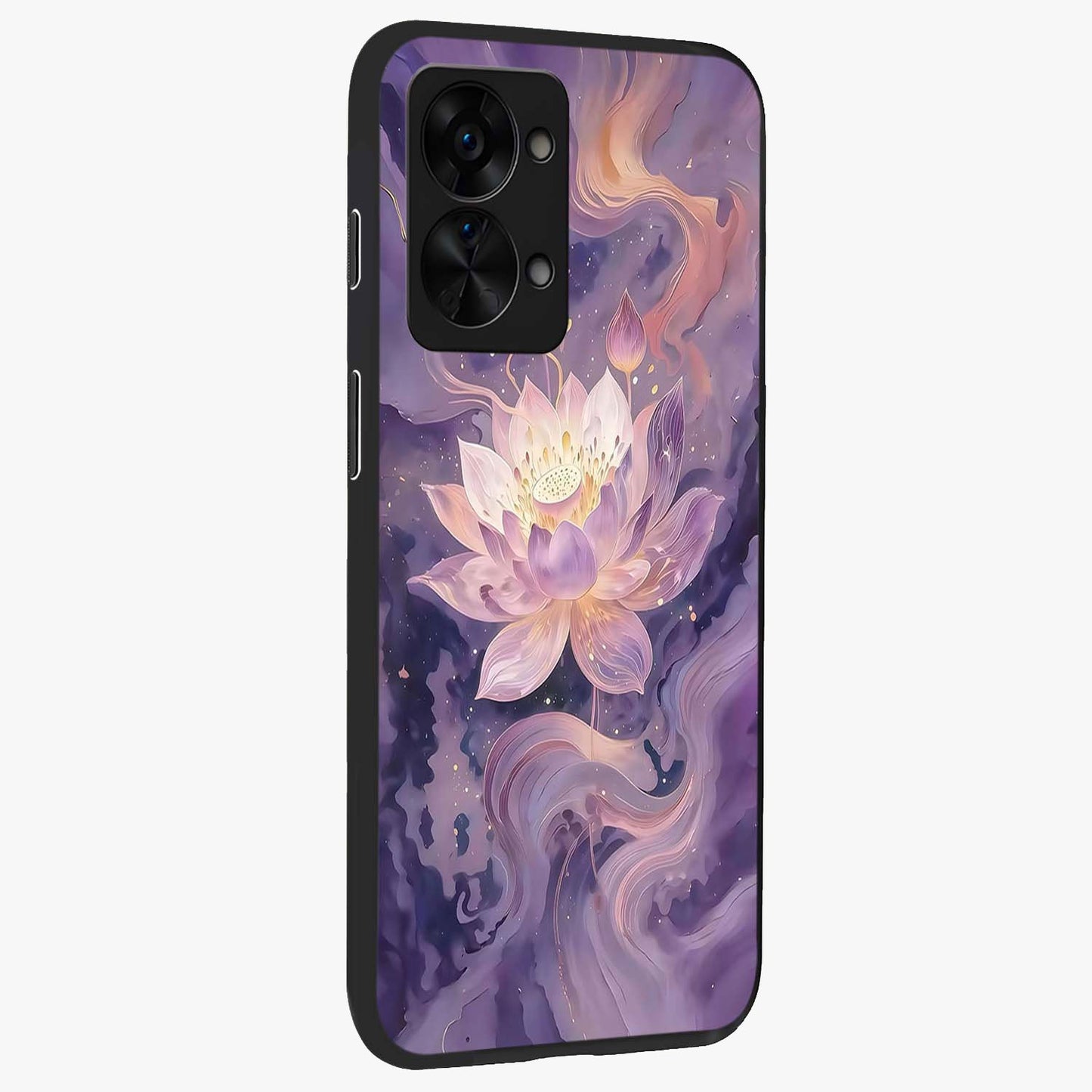 Lavender Lotus Muse Glass Case for 1+Nord 2T side perspective highlighting serene lotus textures and premium edges