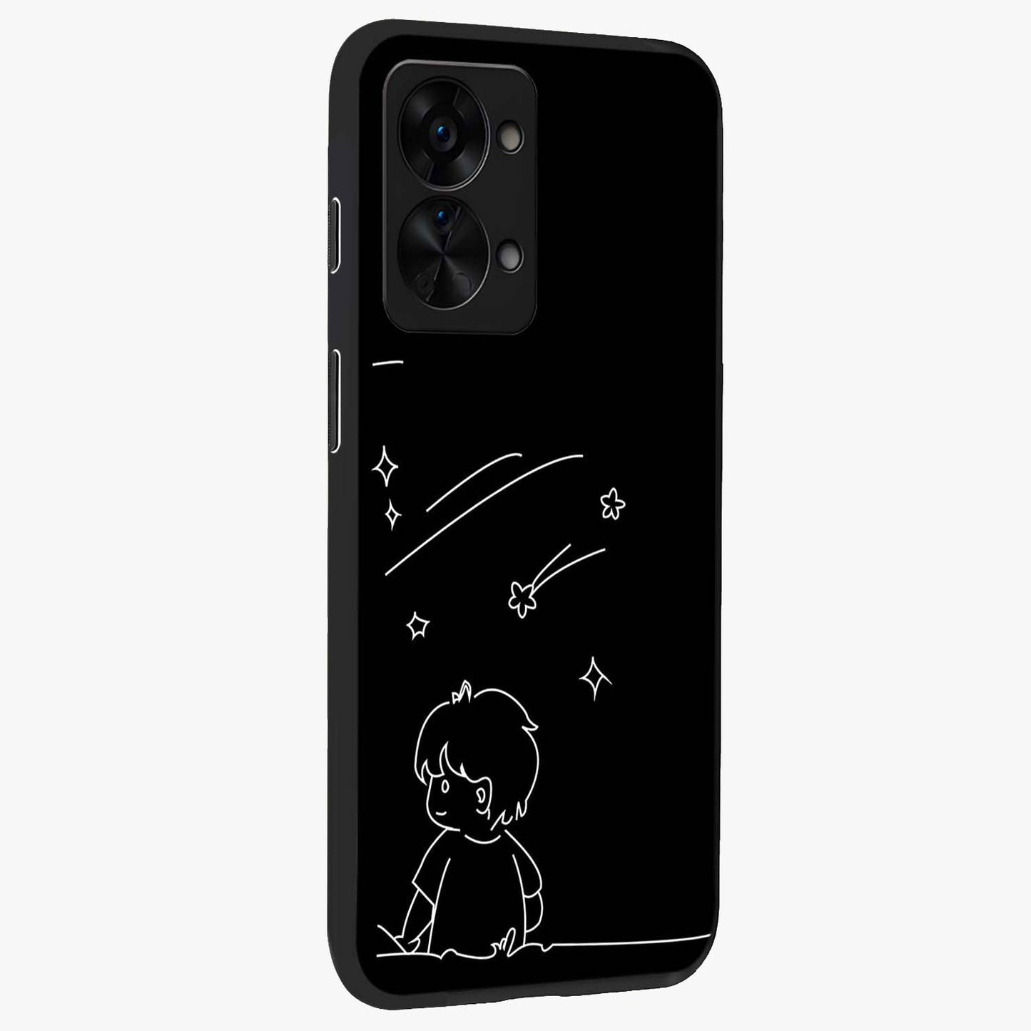 Line Art Boy With Shooting Stars Glass Case for 1+Nord 2T side perspective highlighting delicate line textures and smooth edges