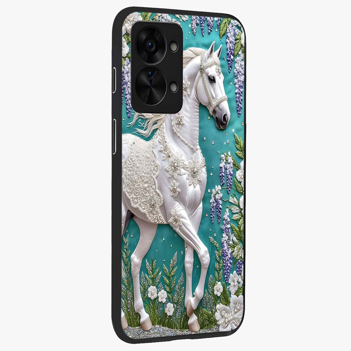 Majestic Floral Stallion Glass Case for 1+Nord 2T side perspective highlighting refined equestrian textures and premium edges