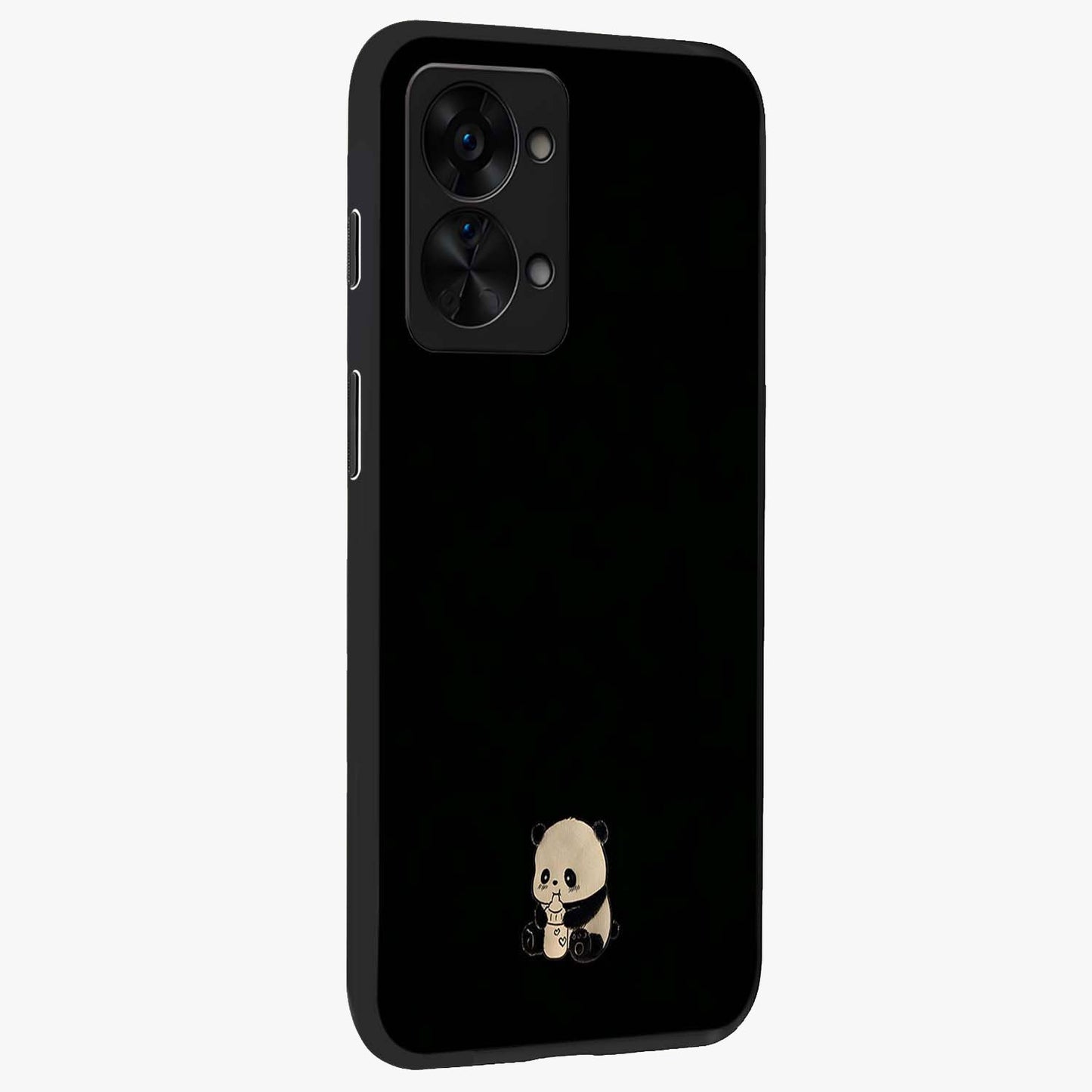 Midnight Panda Love Glass Case for 1+Nord 2T side perspective highlighting charming illustration details and premium build
