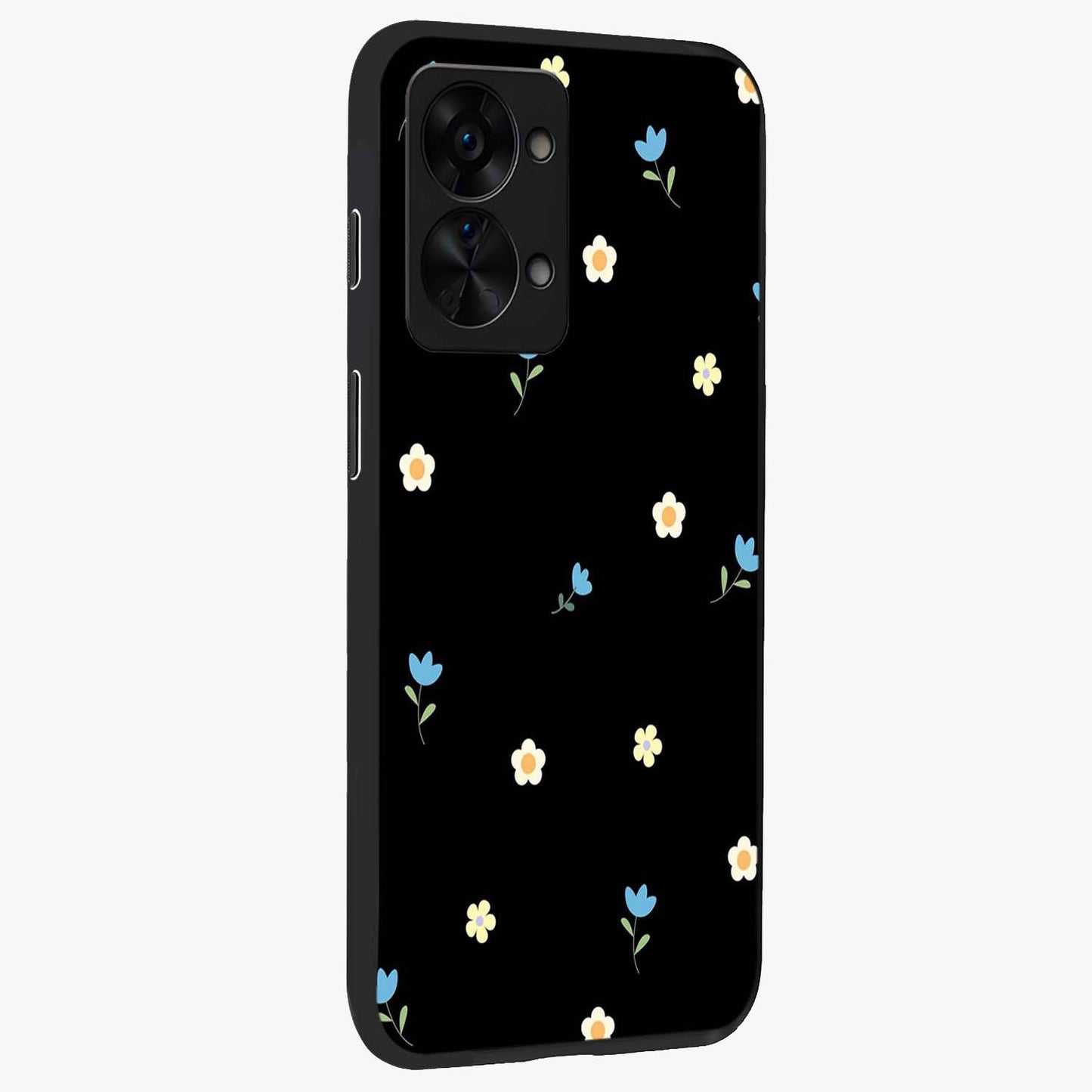 Minimalistic Blue With White Flower Pattern Glass Case for 1+Nord 2T side perspective highlighting subtle floral textures and premium edges