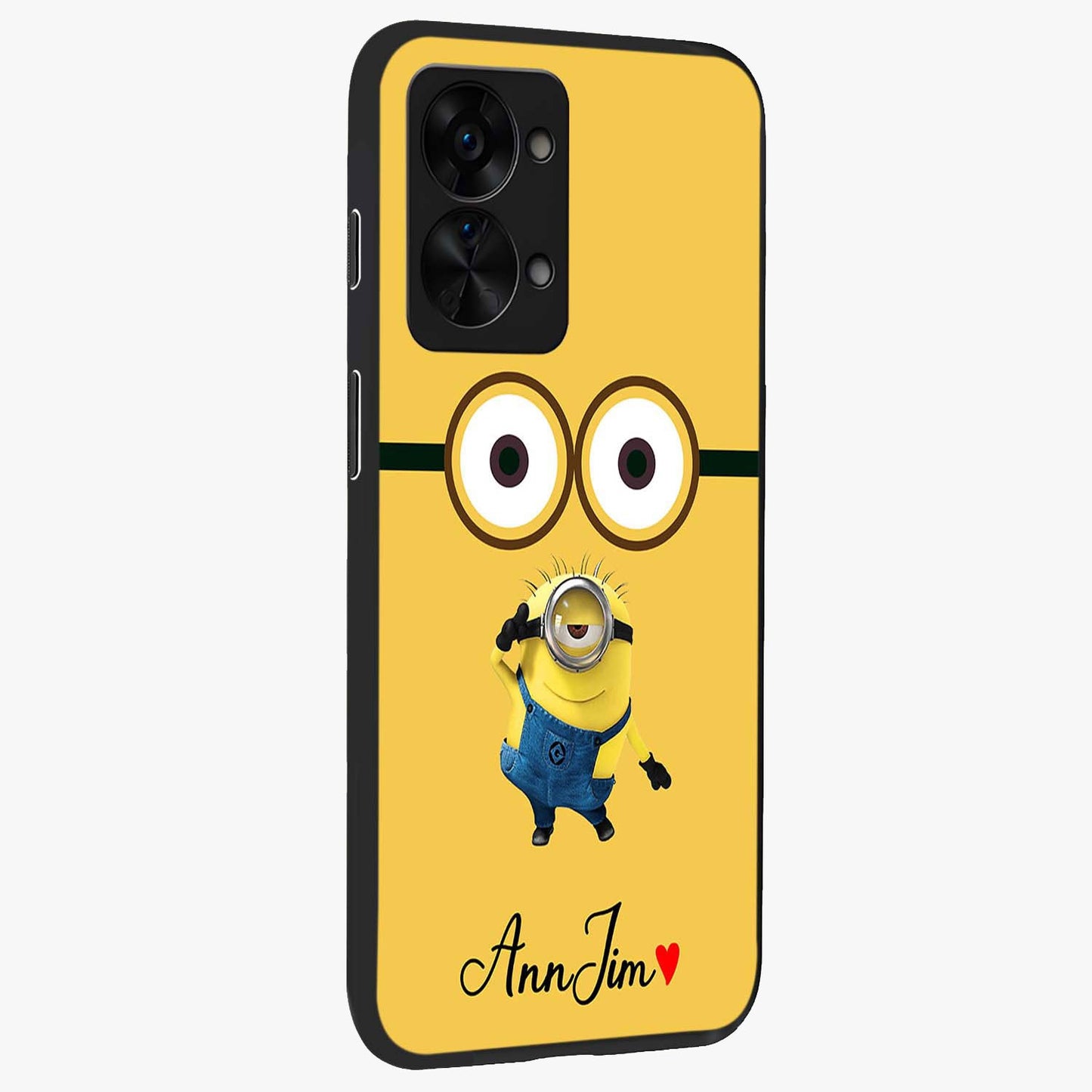 Minion Custom Name Glass Case for 1+Nord 2T side perspective highlighting custom typography and smooth premium build