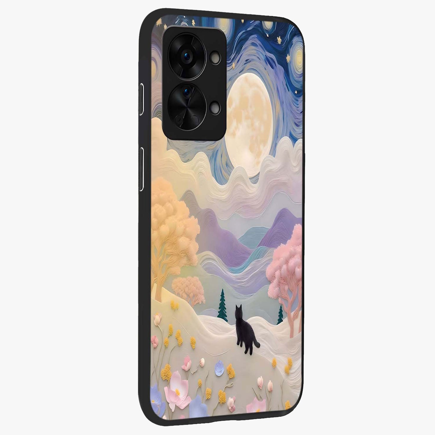 Moonlit Petal Path Glass Case for 1+Nord 2T side perspective highlighting refined bloom detailing and premium edges