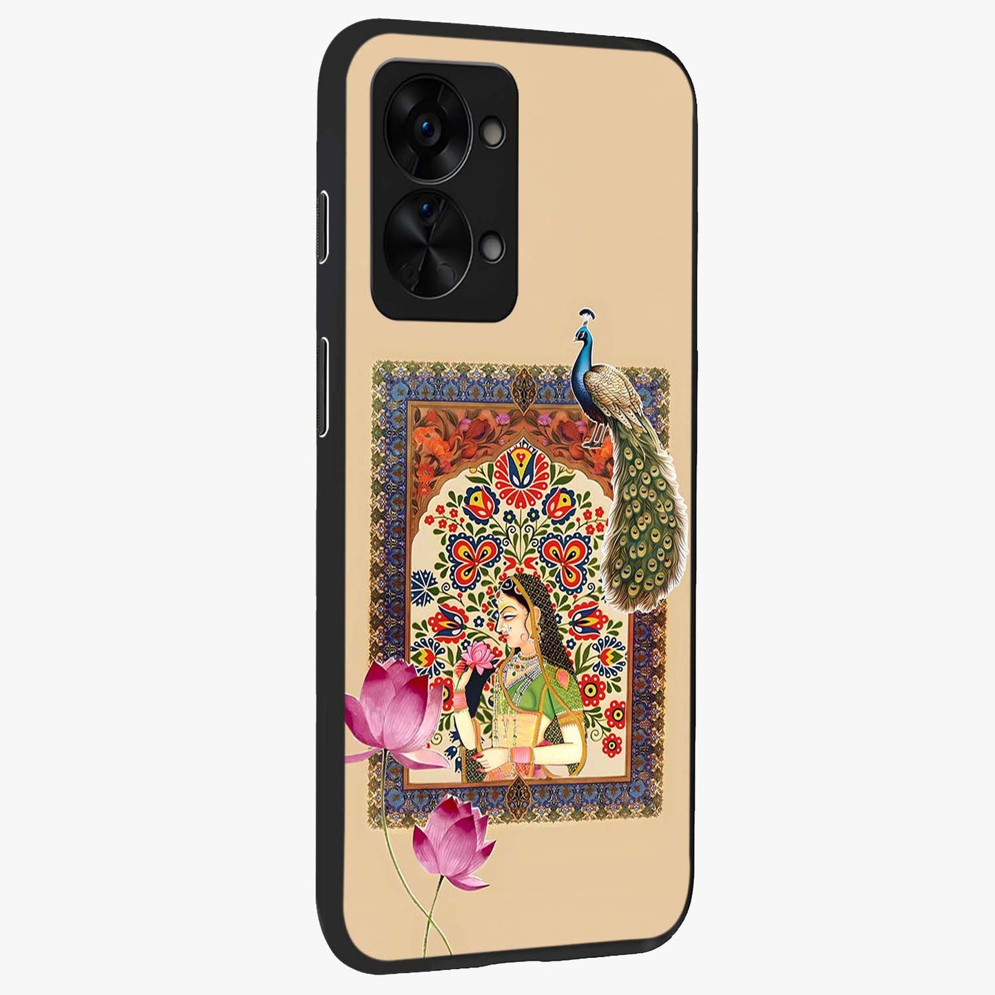 Mughal Princess and Peacock Glass Case for 1+Nord 2T side perspective highlighting detailed cultural textures and smooth premium build