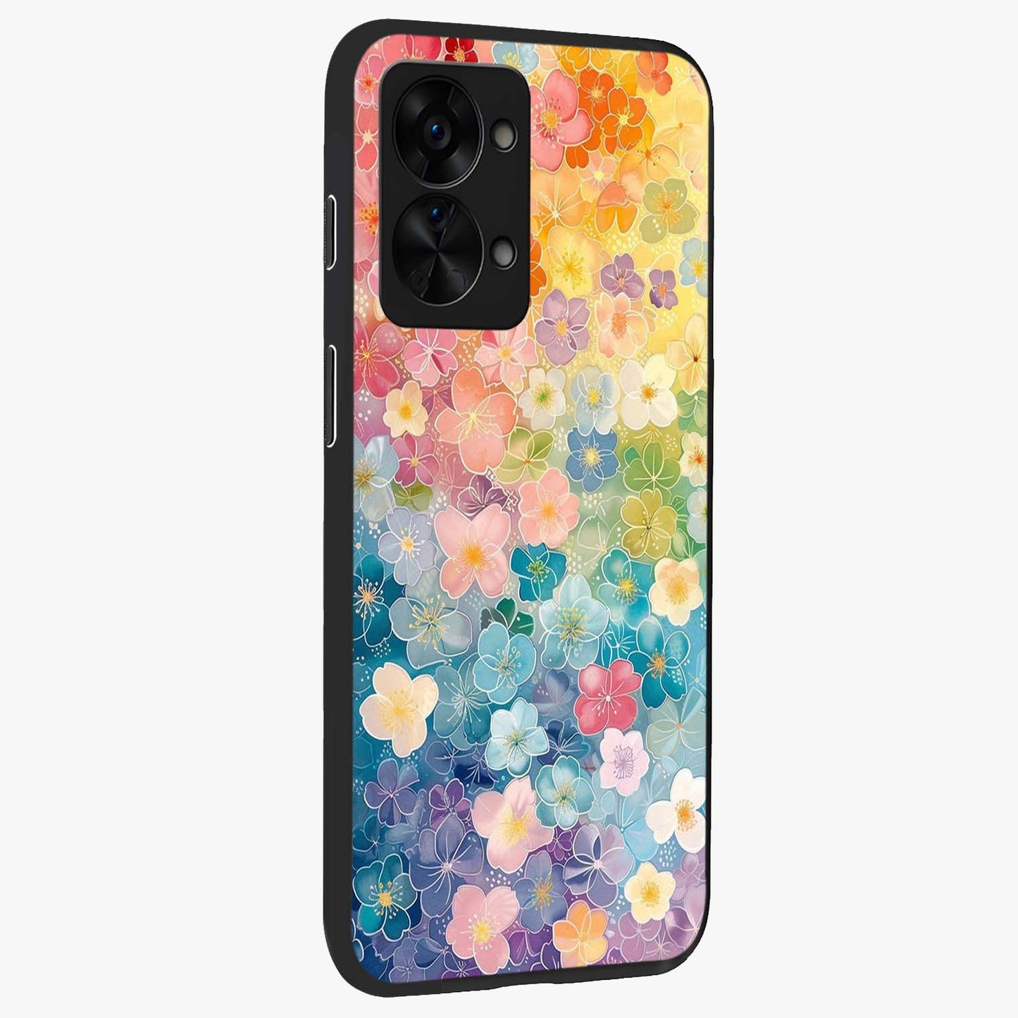 Multiple Background With Flower Glass Case for 1+Nord 2T side perspective highlighting rich floral textures and premium edges