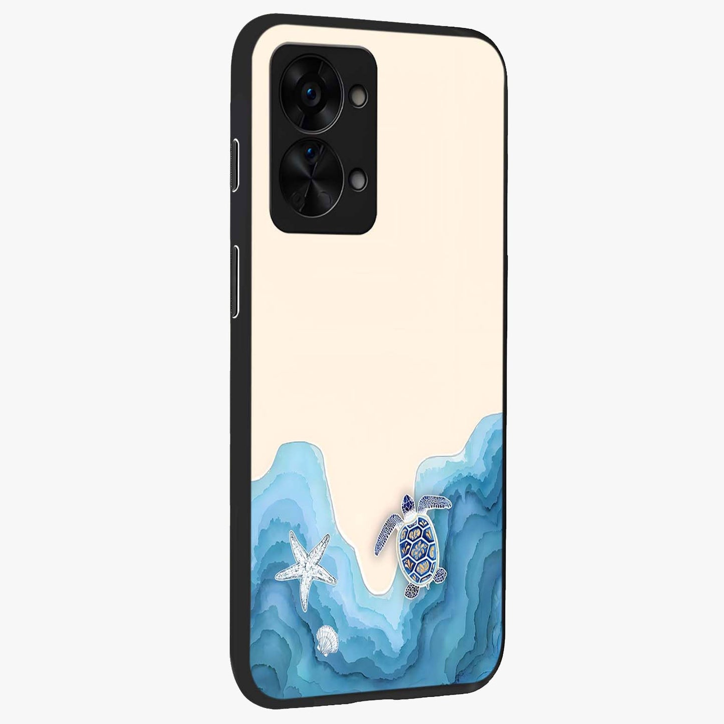 Ocean Drift Turtle Glass Case for 1+Nord 2T side perspective highlighting aquatic textures and premium edges