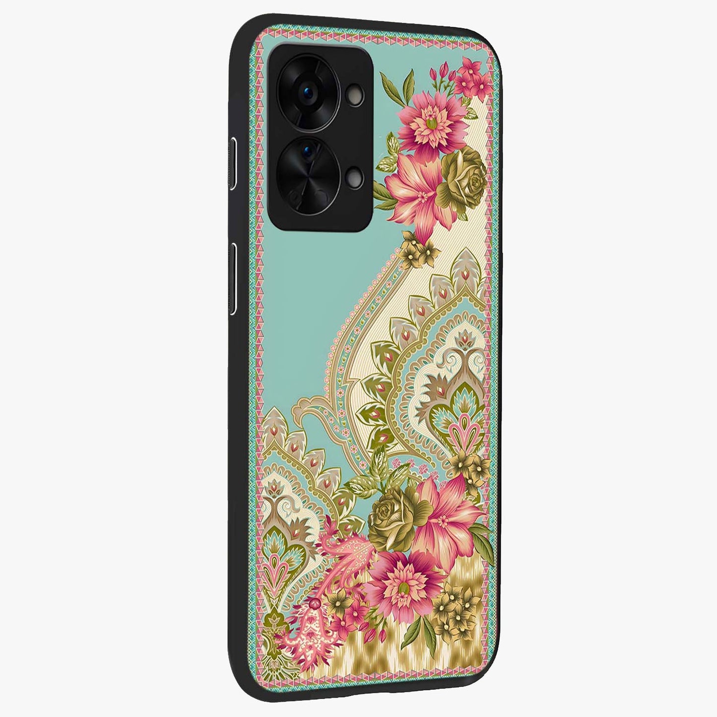 Ornate Mughal Floral Pattern Glass Case for 1+Nord 2T side perspective highlighting detailed ornamental textures and sleek build